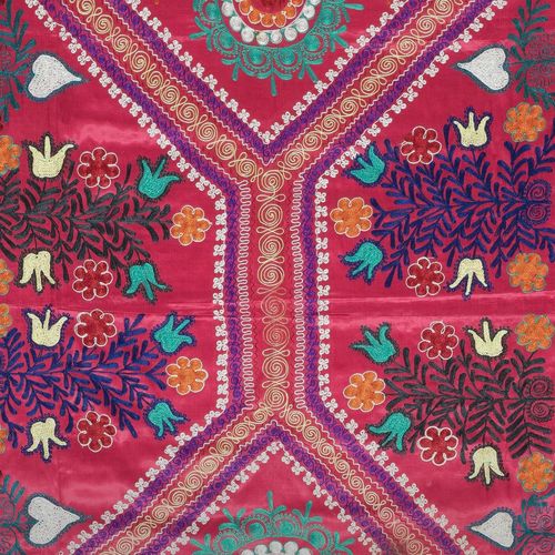 4.3x5.5 Ft Embroidered Silk & Cotton Wall Hanging. Red Bed Cover. Modern Throw photo 447.0