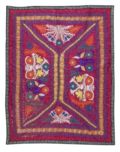 4.6x5.8 Ft Embroidered Silk & Cotton Wall Hanging. Red Bed Cover. New Tablecloth