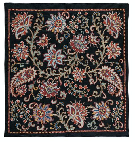 29x30 In Embroidered 100% Silk Wall Hanging, Bohemian Tablecloth, Black Throw