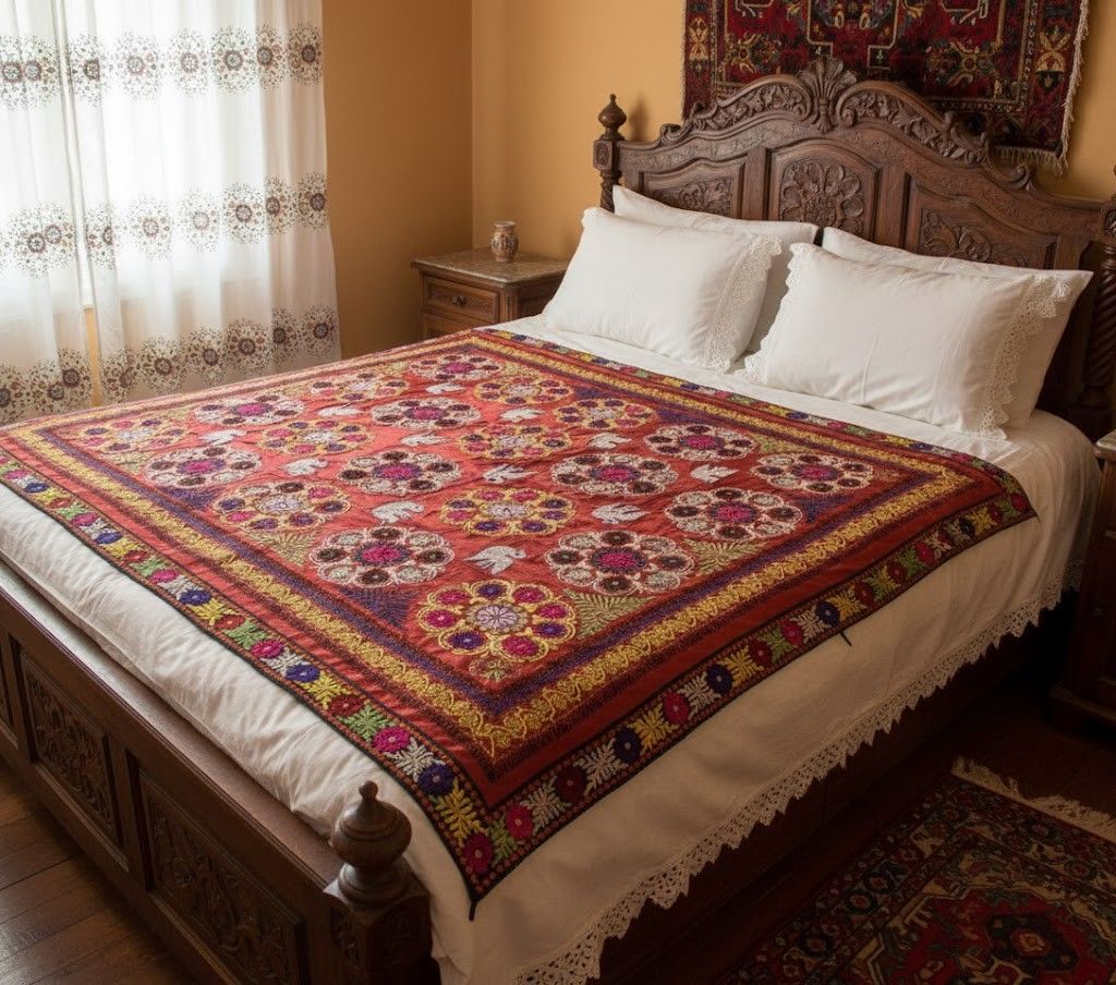 Couvre-lit vintage en broderie de soie, 9 x 10,2 ft (270 x 310 cm), tenture murale rouge, pièce unique
