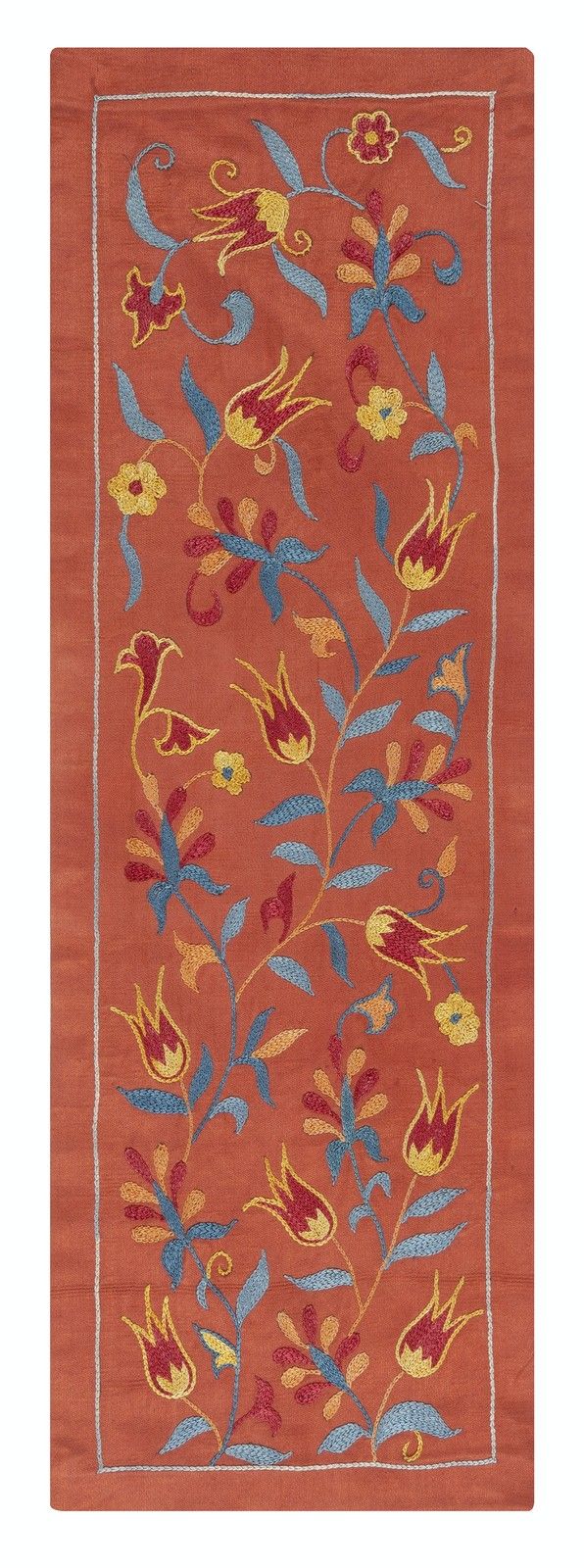 9"X25" Embroidered 100% Silk Wall Hanging. Red Traditional Tapestry