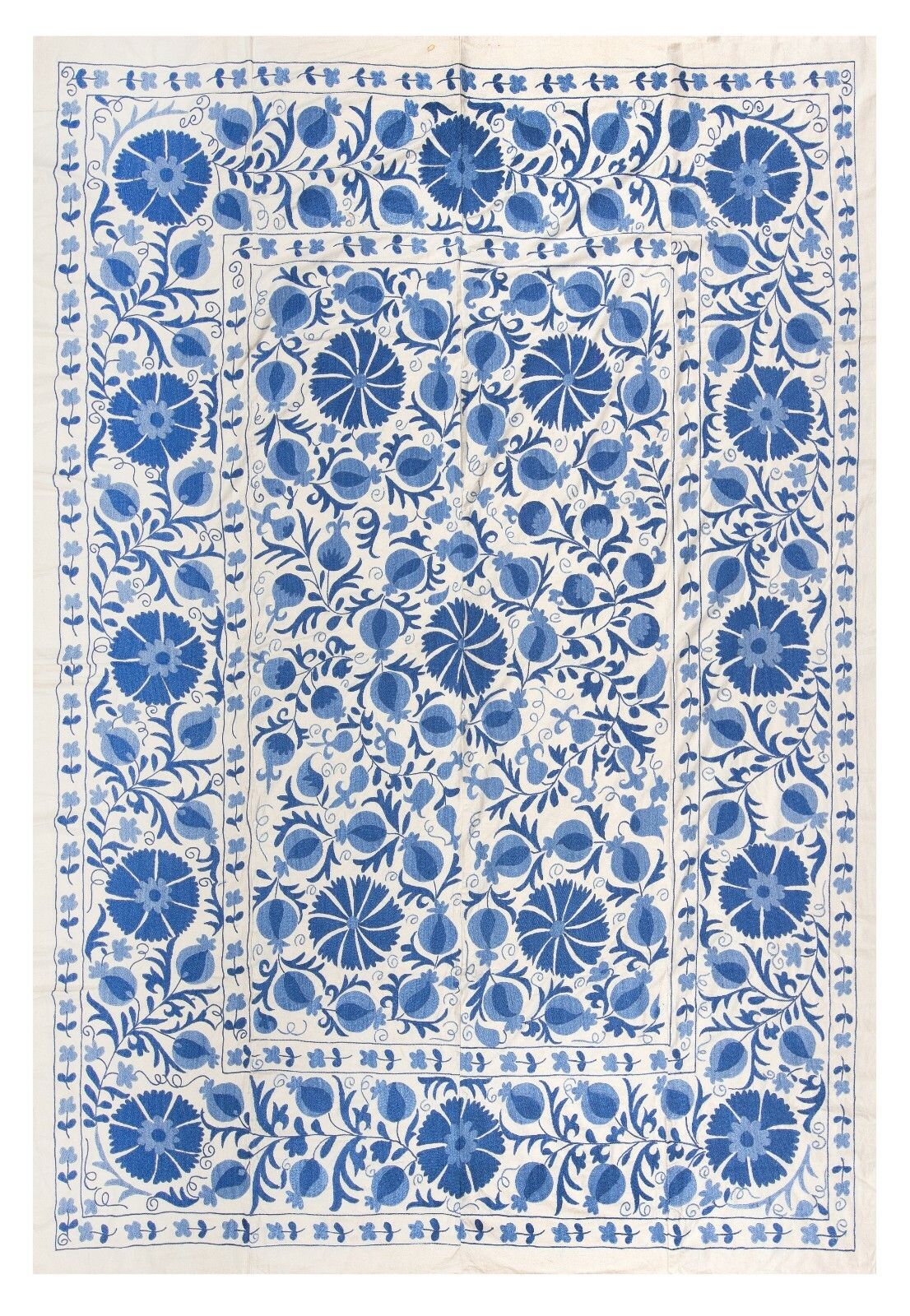 6.3x8.2 Ft Silk Hand Embroidered Uzbek Suzani Wall Hanging In Cream & Light Blue