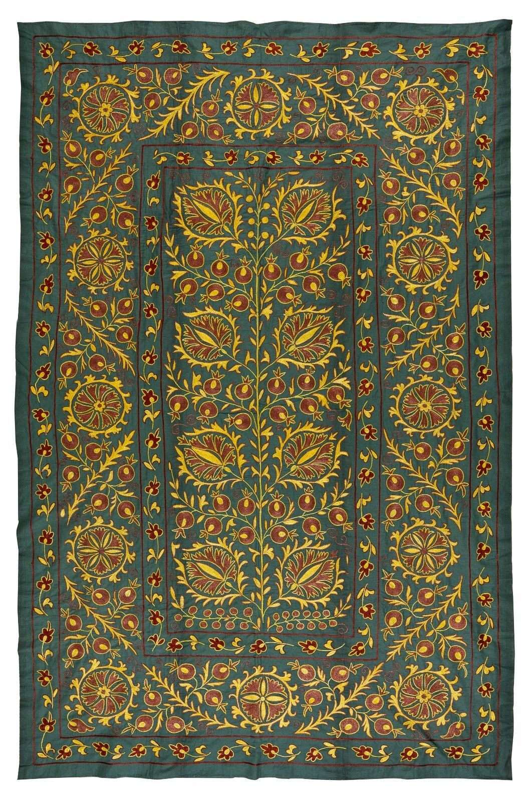 4.6x6.9 Ft Silk Embroidery Wall Hanging, Modern Green Tapestry, Uzbek Wall Decor