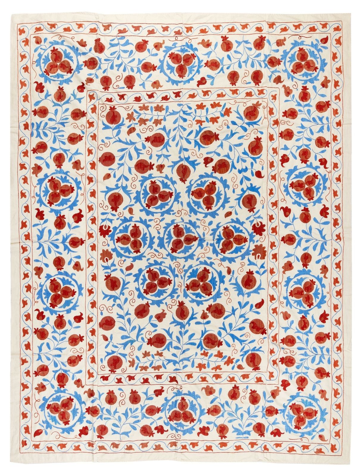 6.4x8.3 Ft New Uzbek Suzani Textile. Embroidered Cotton & Silk Bed Cover