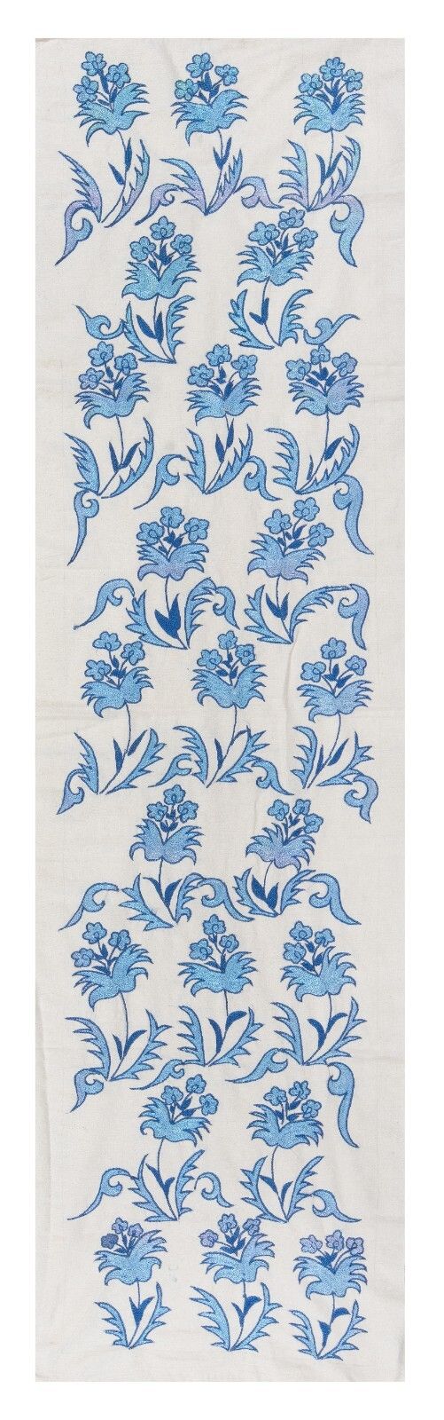 1.7x6.3 Ft Suzani Wall Hanging. Silk Embroidery Table Runner In Blue And Cream
