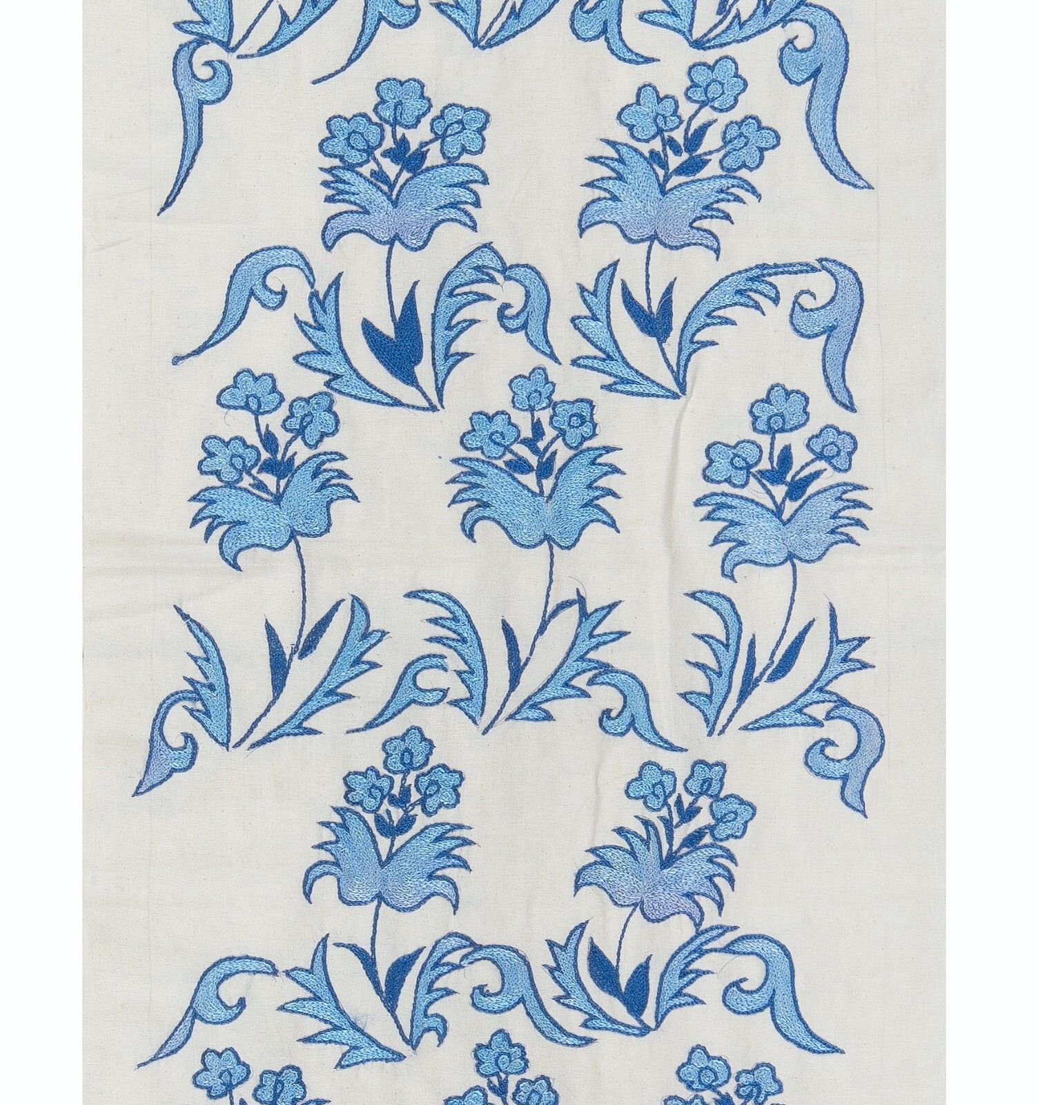 1.7x6.3 Ft Suzani Wall Hanging. Silk Embroidery Table Runner In Blue And Cream photo for sale
