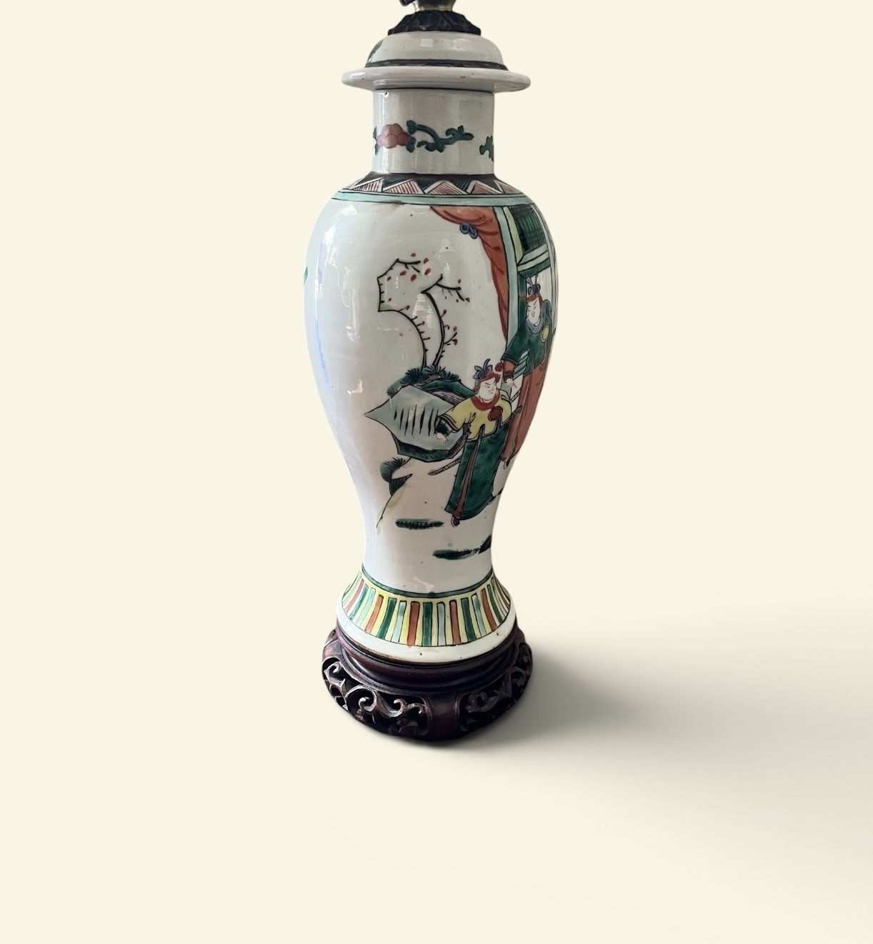 A Late 19th Century Chinese Famille Vert Coloured Lidded Vase Converted As A Lamp photo for sale