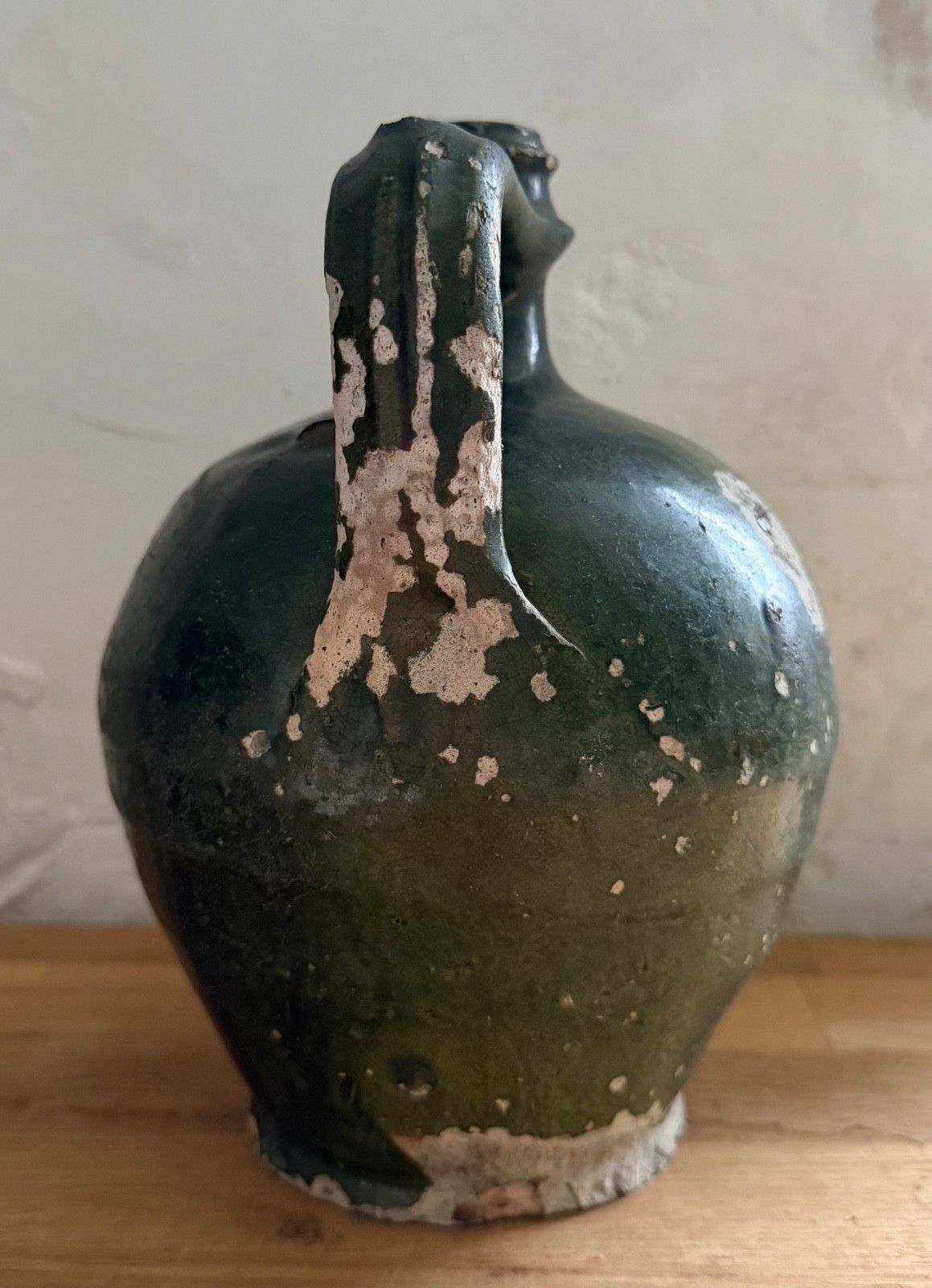 Antique 19thc French Jug Pitcher Olive Oil Sadirac Green Glaze 21cm Terracotta photo Home Decor