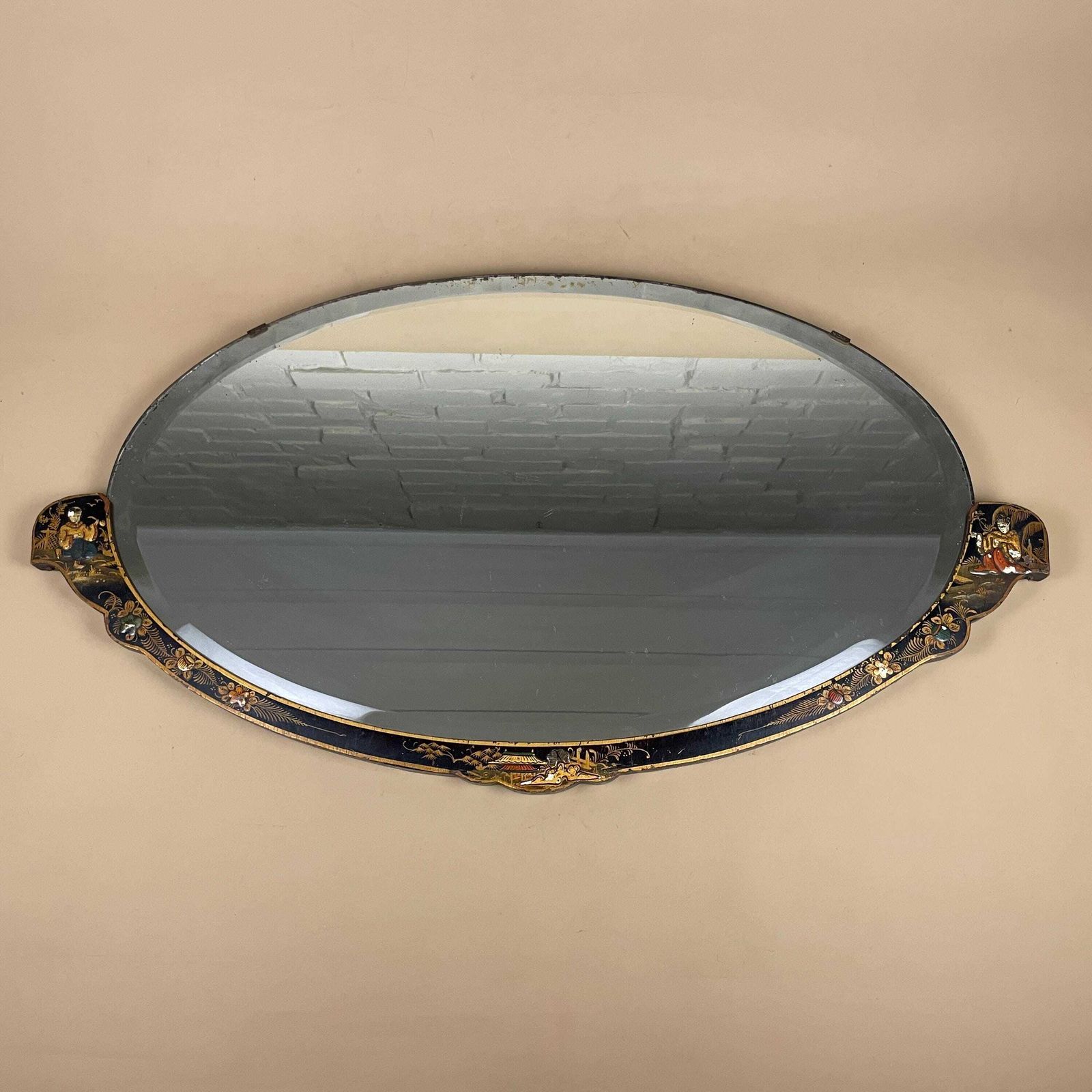 Oriental Oval Wall Mirror Hand Painted Lacquer Wooden Frame Asian Figurative Bevelled Edge Interior Wall Accent Black Gold