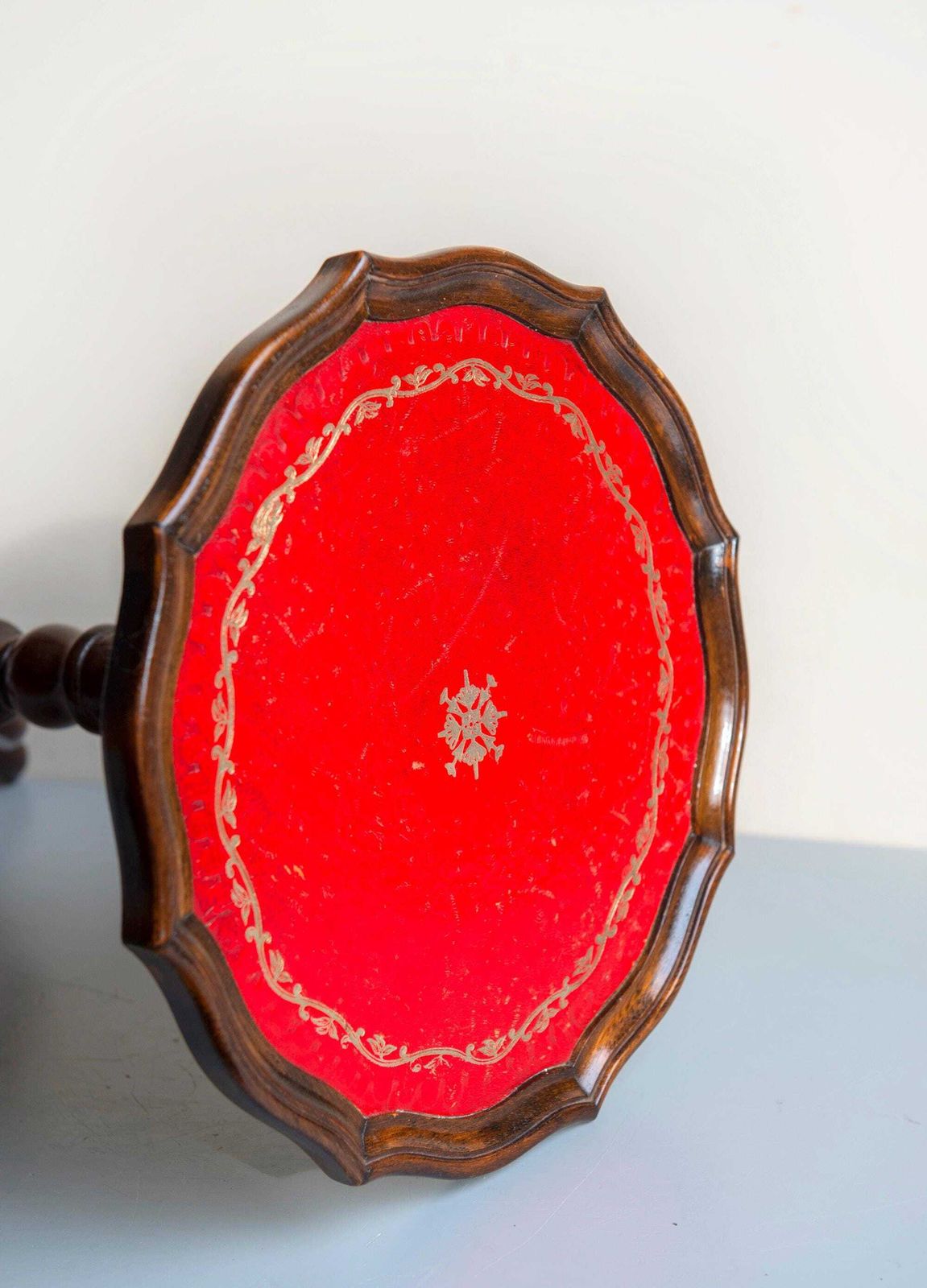 Vintage Leather Top Wine Table   English Style Side Table   Round Wooden Accent Table photo buy