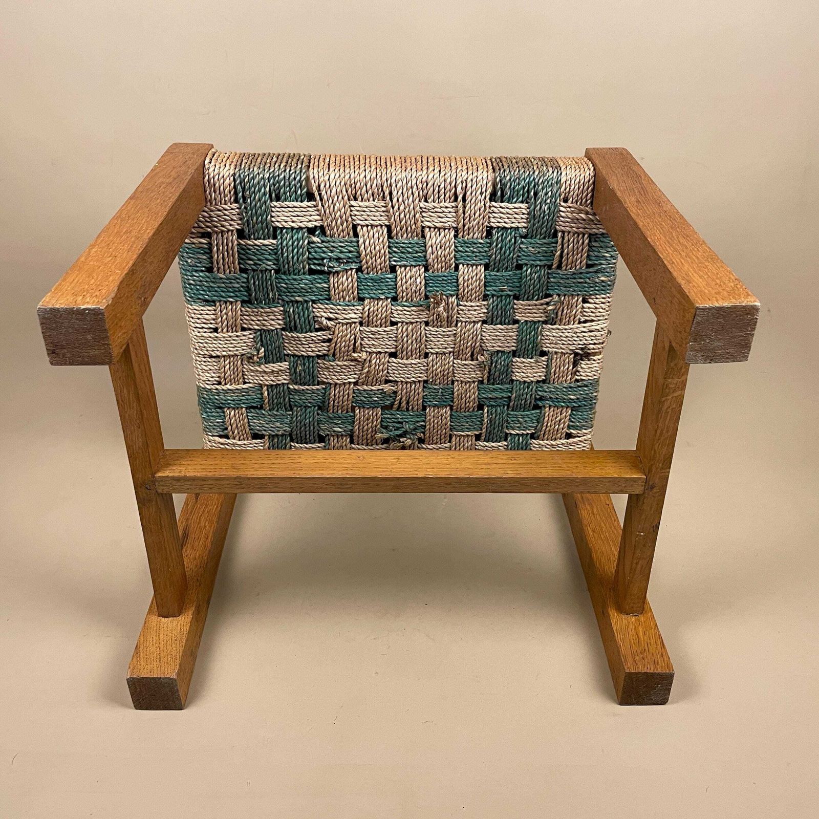 Wooden String Foot Stool Wood Frame Farmhouse Cottage Furniture Brown Woven Top Footstool Vintage photo buy