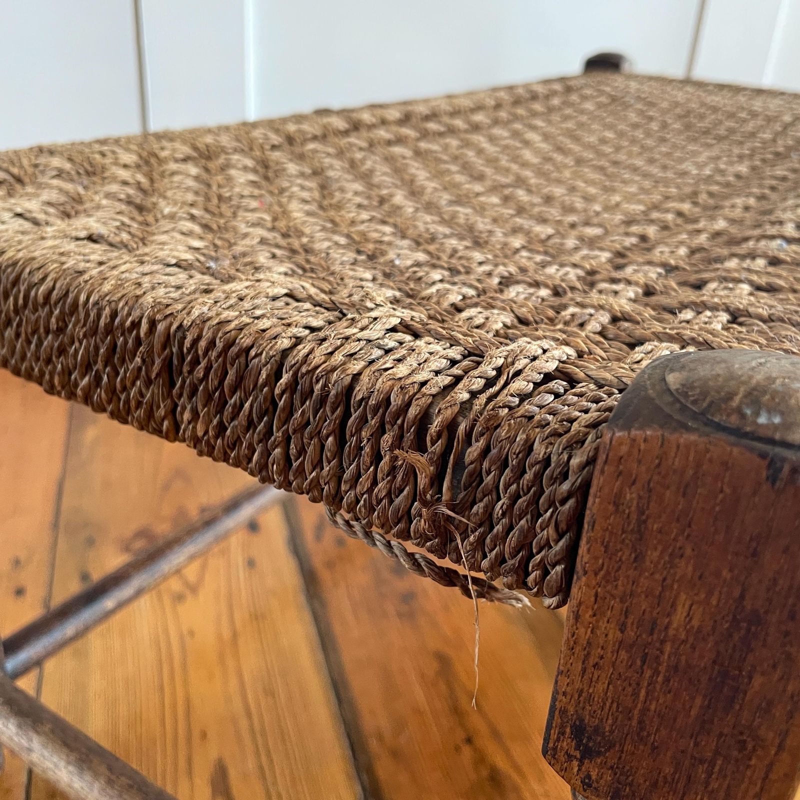 135.0 Rush Seat Wooden Bench Long Rustic Woven Stool Farmhouse Entryway Hall Footstool Antique Style photo