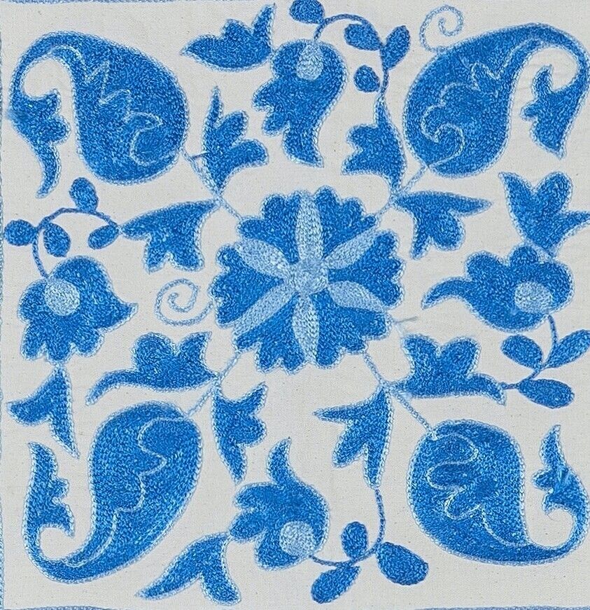 Cream & Light Blue Handmade Uzbek Suzani Silk Embroidery Cushion Cover 18"X19" photo furniture