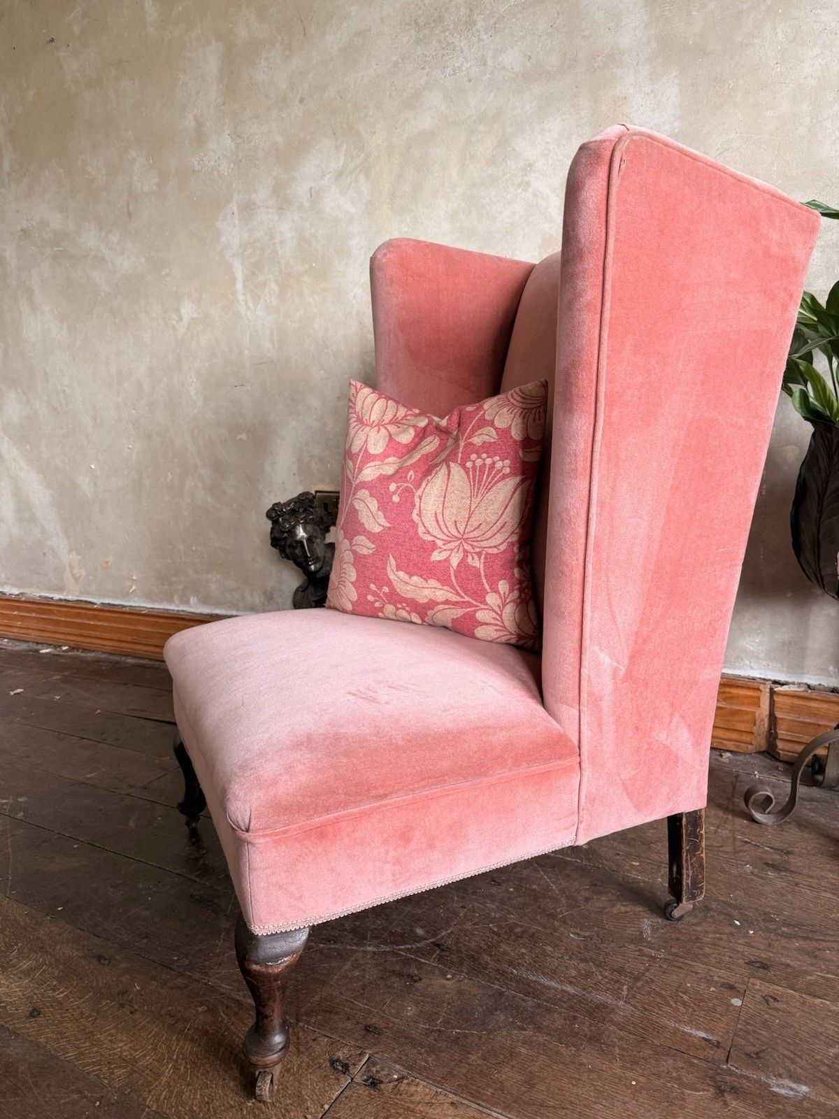 Rare Antique Mahogany (Horse Hair) Lady's Small Rose Pink High Wingback Chair photo vinterior