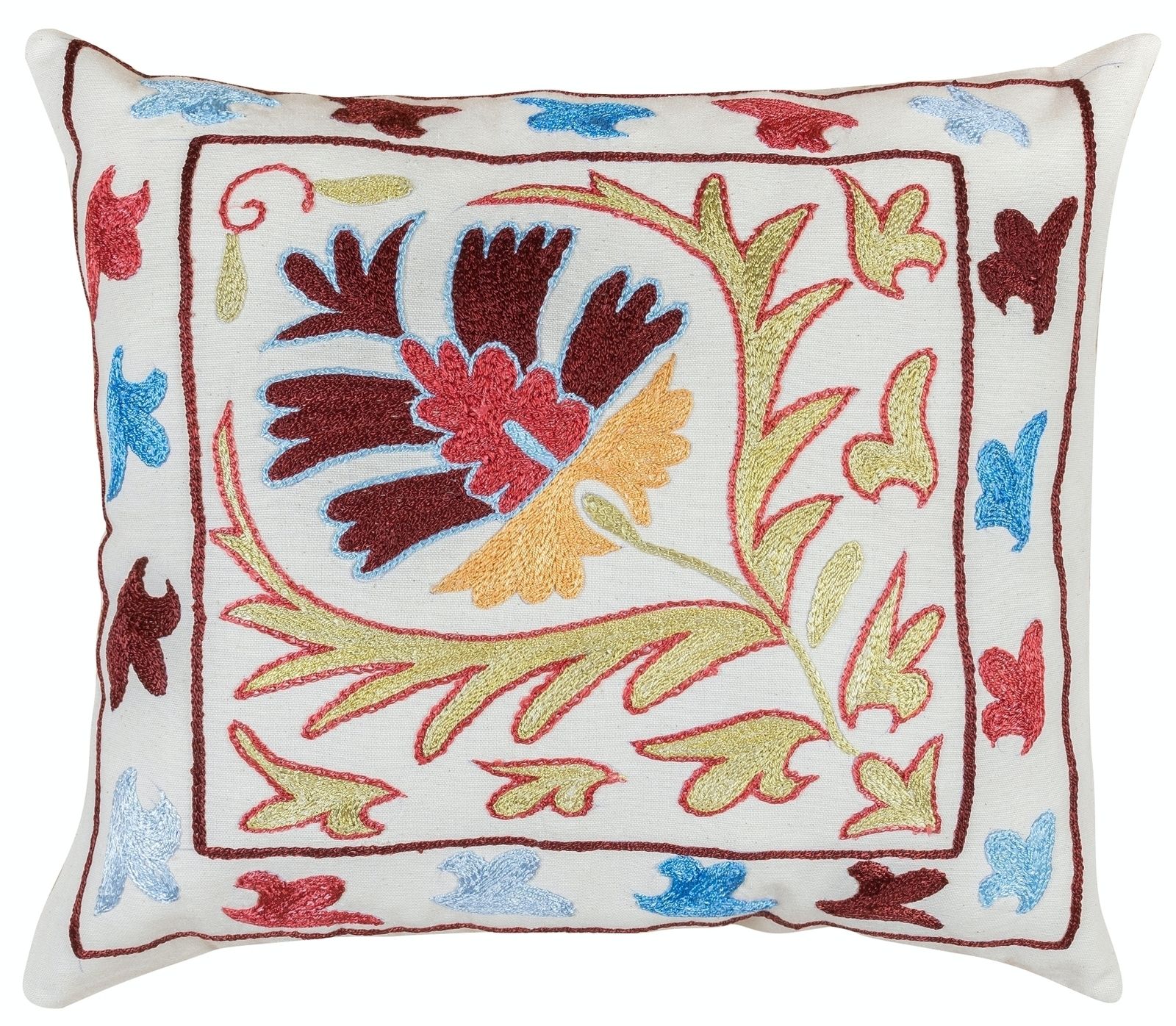 Colorful Hand Embroidered Silk Cushion Cover, Suzani Throw Pillow Cover. 16"X18"