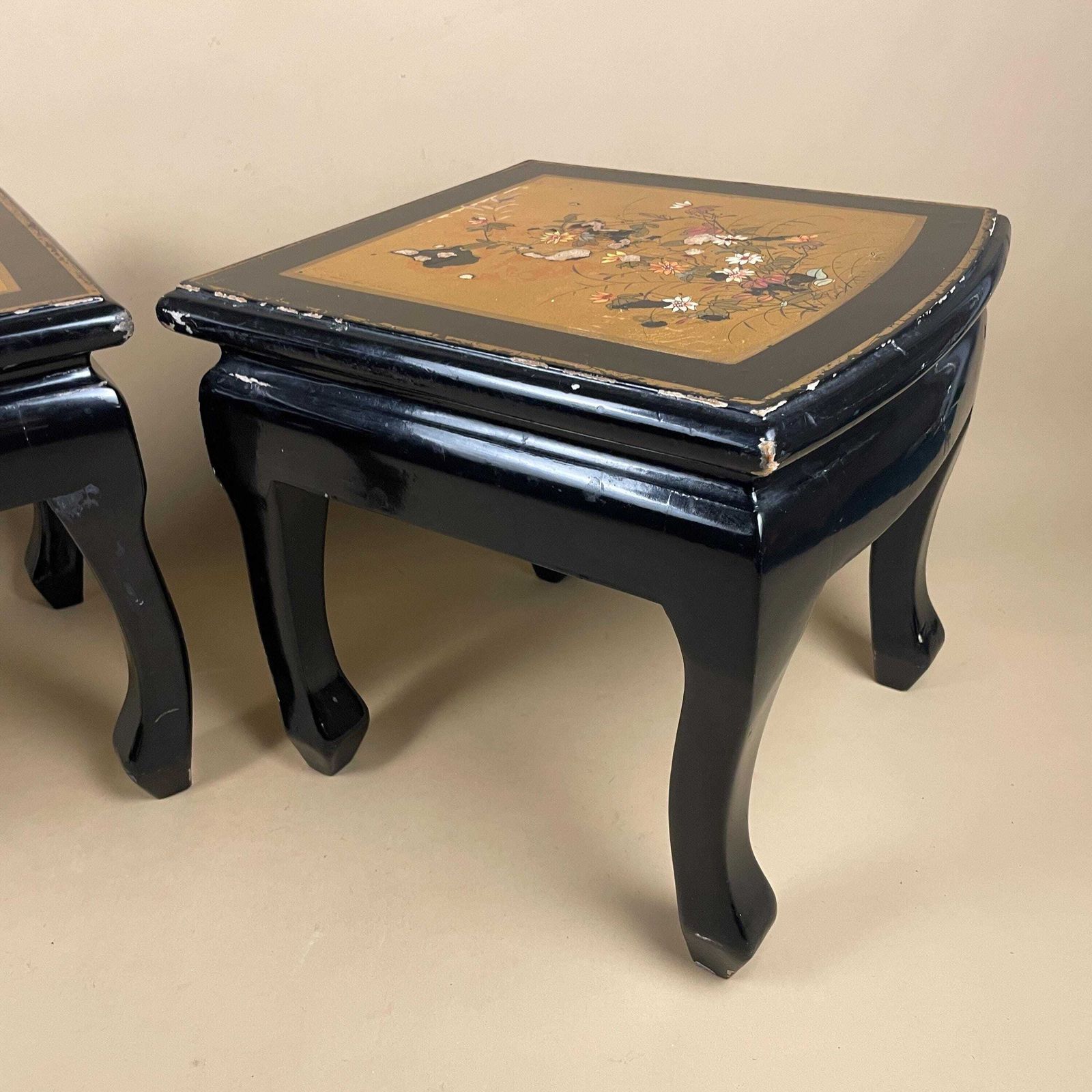photo for sale Pair Chinese Side Tables Hand Painted Gold Floral Top Black Curved Front Wood Vintage Chinoiserie Accent Tables Oriental