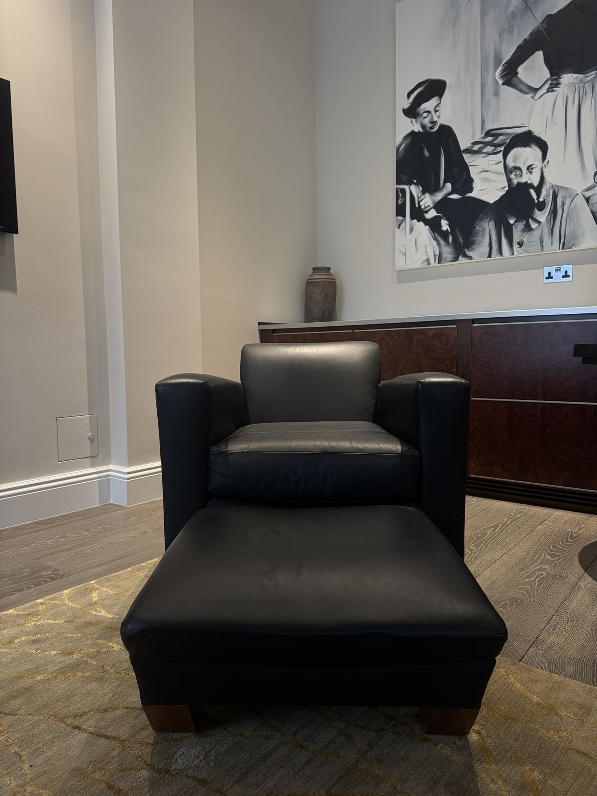 David Linley Armchair Chair And Footstool   Black Leather And Wanut photo vintage