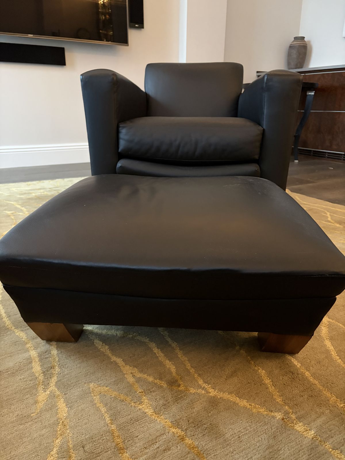 photo for sale David Linley Armchair Chair And Footstool   Black Leather And Wanut