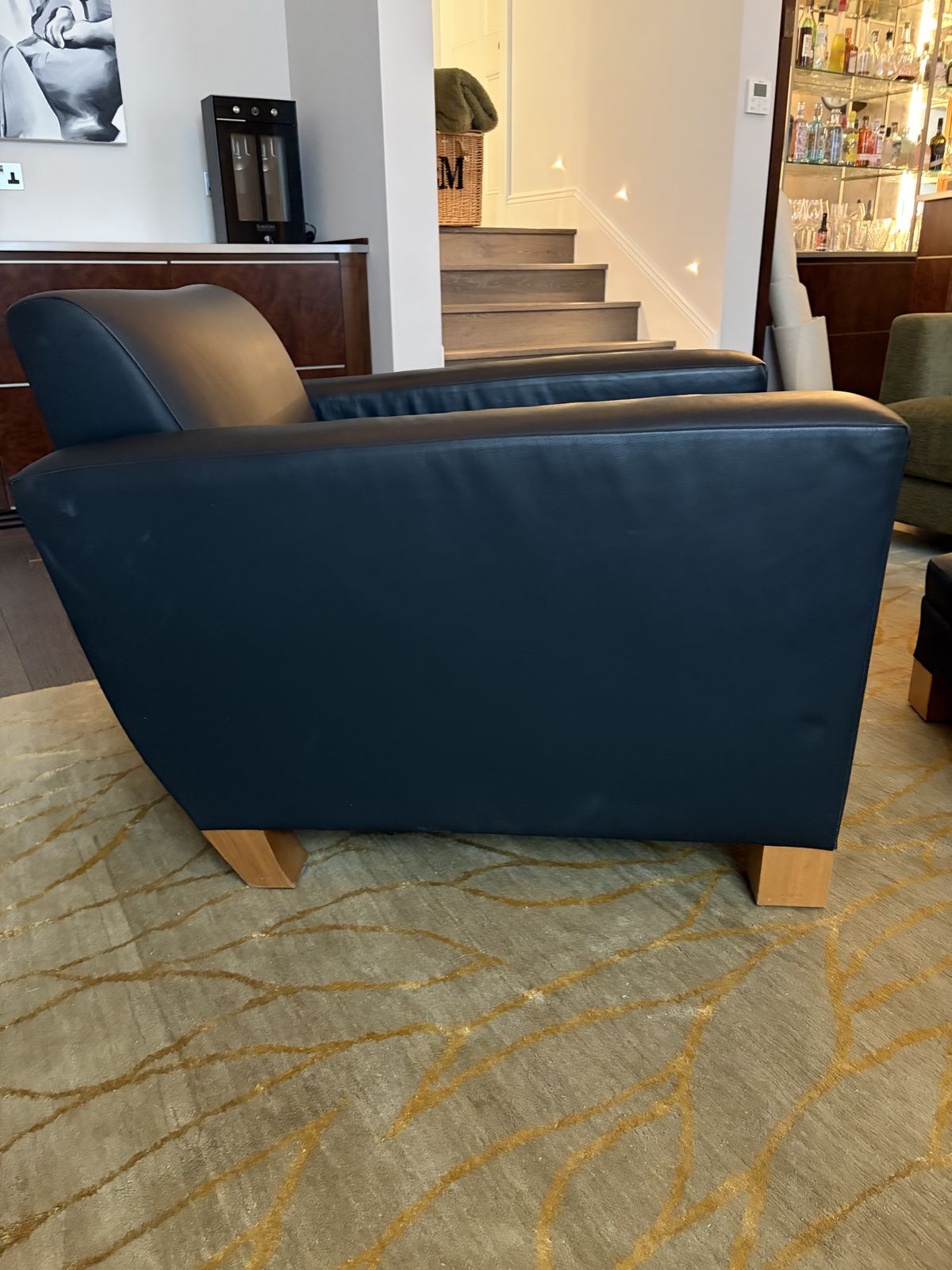 photo buy David Linley Armchair Chair And Footstool   Black Leather And Wanut