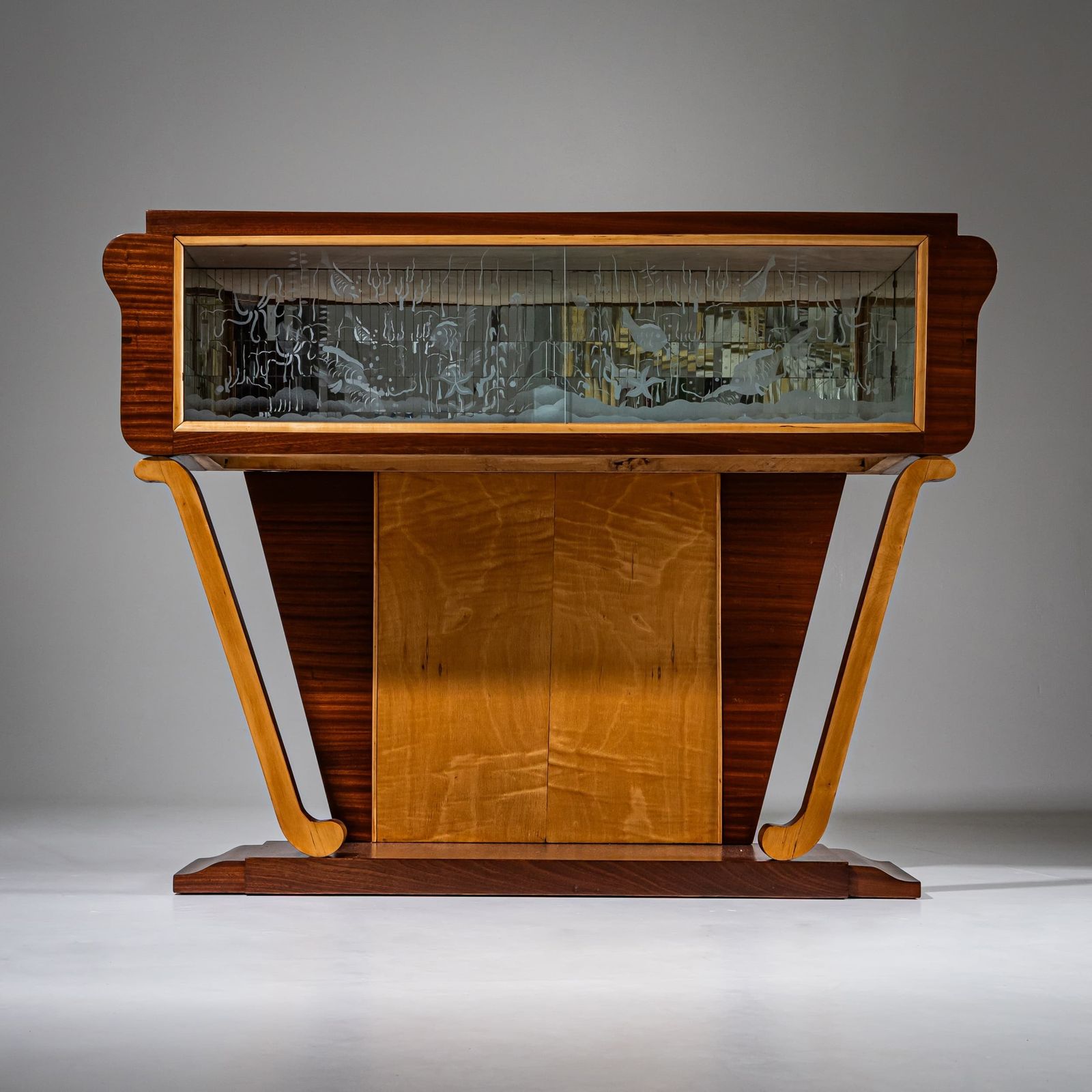 Bar Cabinet With Etched Underwater Scene, Italy, Mid 20th Century photo Furniture