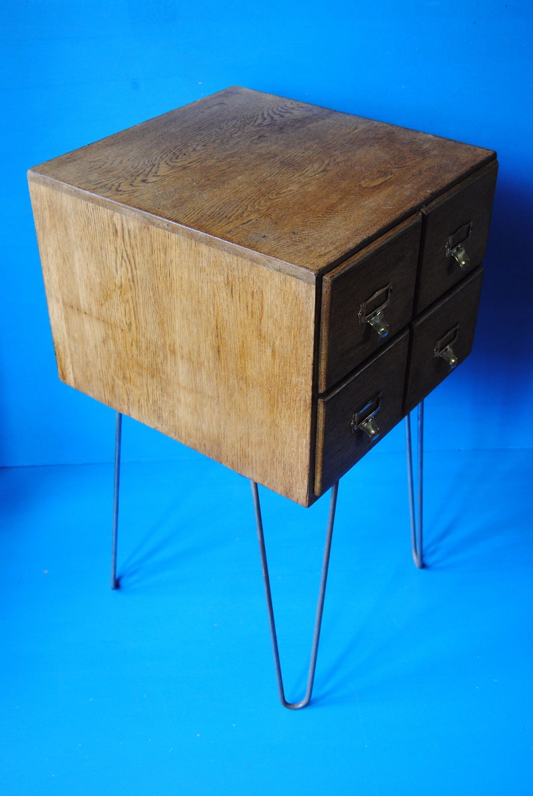 Vintage Oak Four Drawer Library Card Index Cabinet On Hairpin Legs photo buy