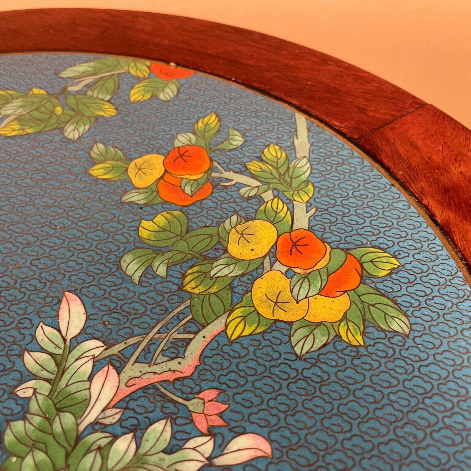 Oriental Cloisonne Wood Table Round Carved Red Hardwood Side Accent End Table Vintage Asian Blue Top Floral photo 395.0