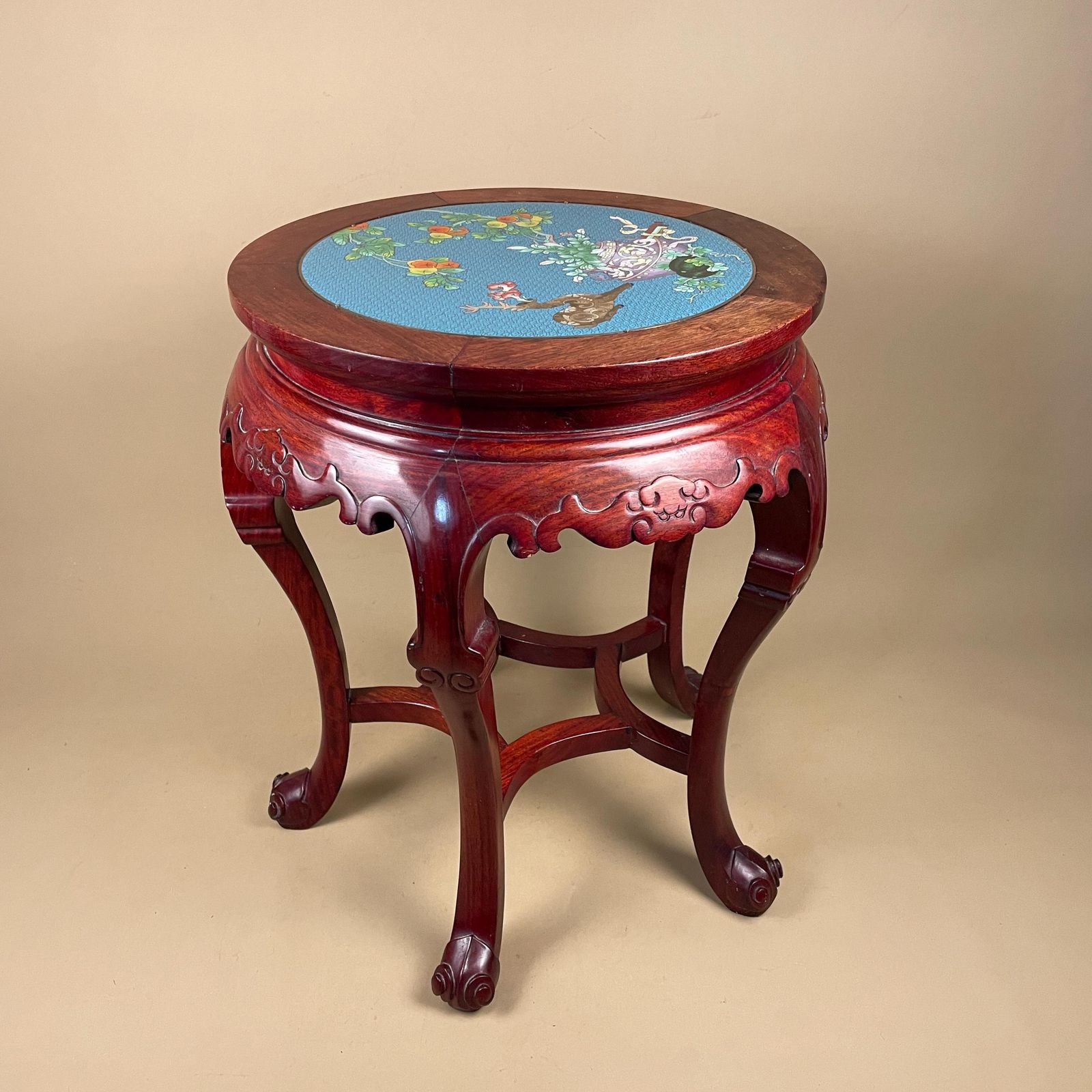 Oriental Cloisonne Wood Table Round Carved Red Hardwood Side Accent End Table Vintage Asian Blue Top Floral photo buy