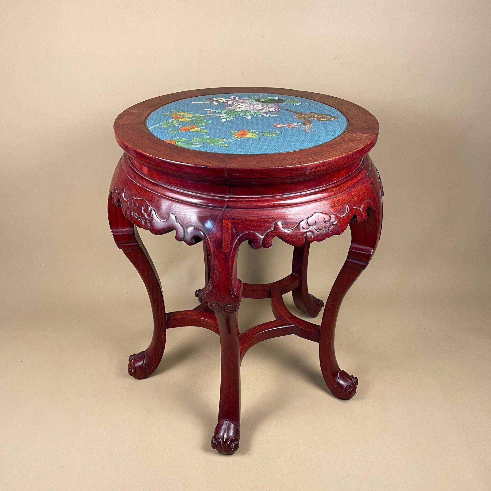 Oriental Cloisonne Wood Table Round Carved Red Hardwood Side Accent End Table Vintage Asian Blue Top Floral photo vintage