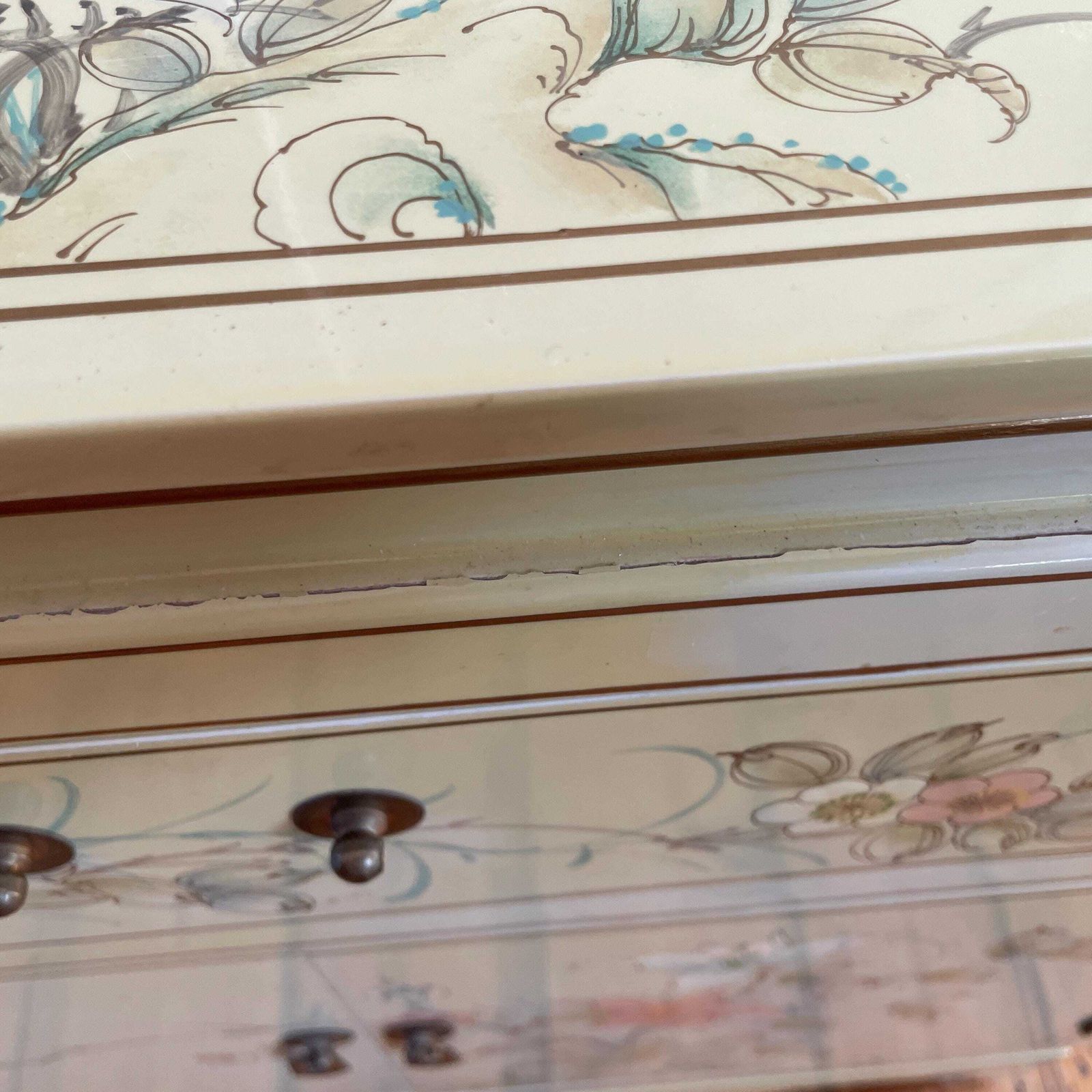Chinese Lacquer Cabinet Hand Painted Glass Top Cream Floral Wood Chest Sideboard Vintage Dresser Oriental Asian photo 395.0