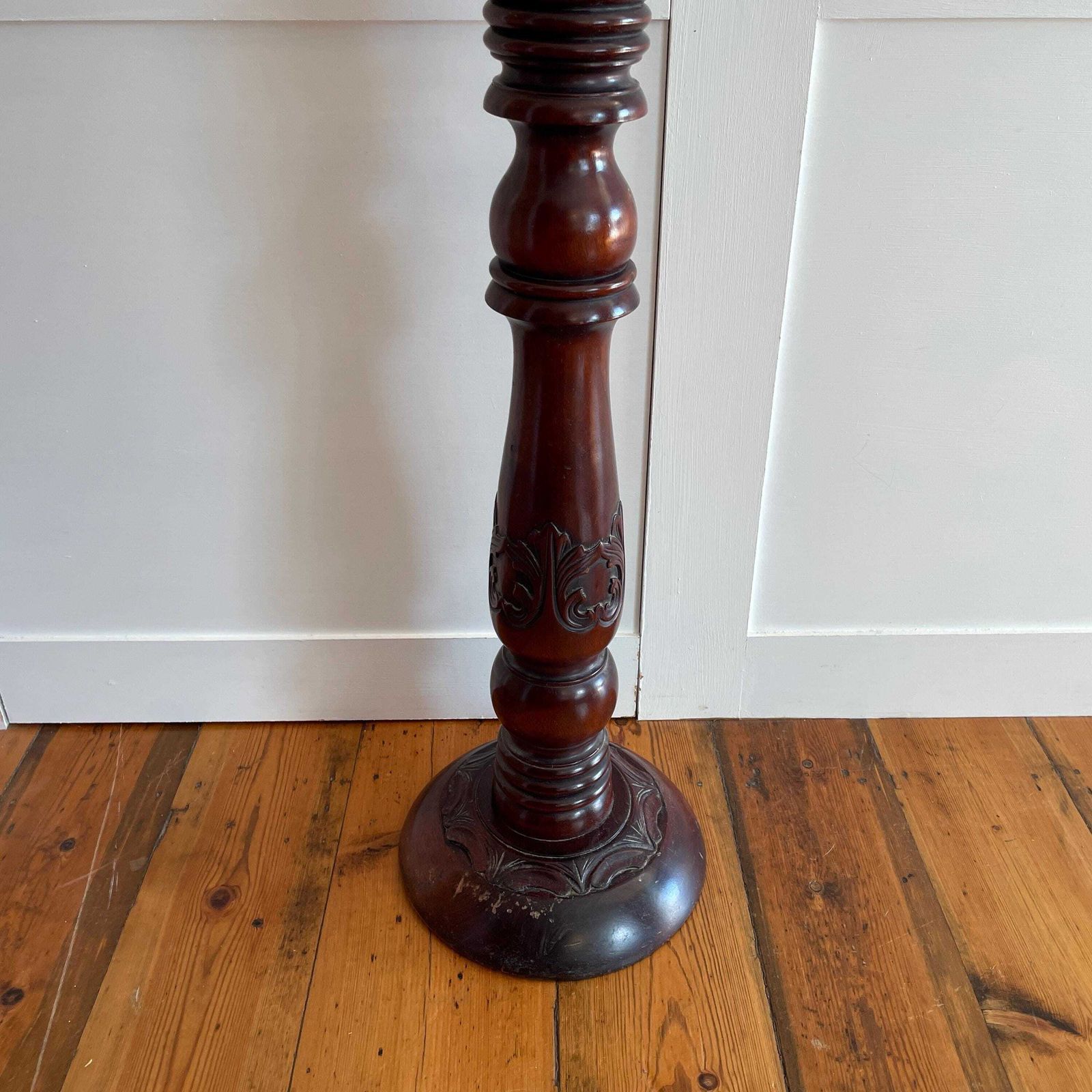 photo for sale Tall Wooden Plant Stand Table Carved Patterned Oriental Dark Wood Floor Pedestal Round Display Stand Accent