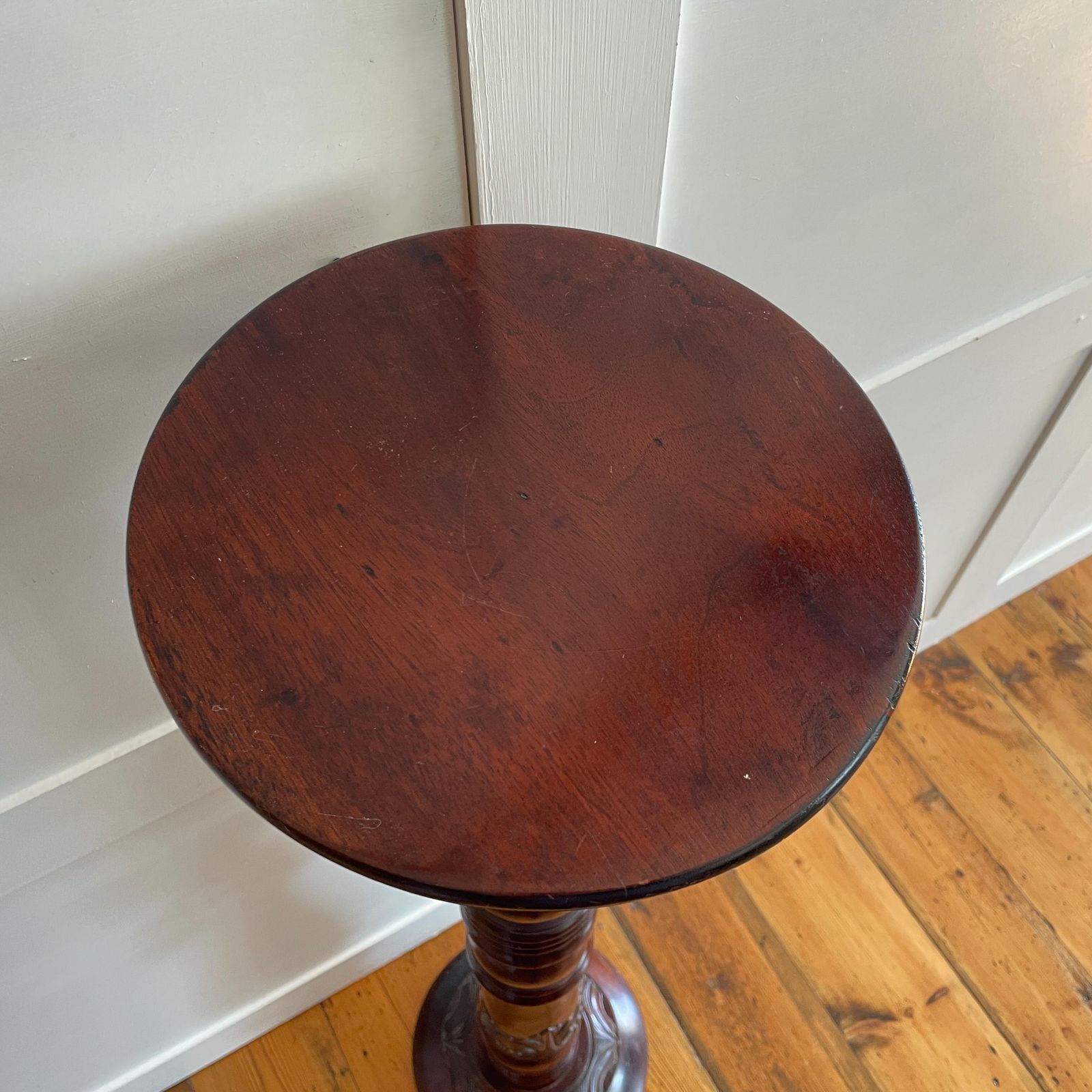 Home Decor Tall Wooden Plant Stand Table Carved Patterned Oriental Dark Wood Floor Pedestal Round Display Stand Accent photo