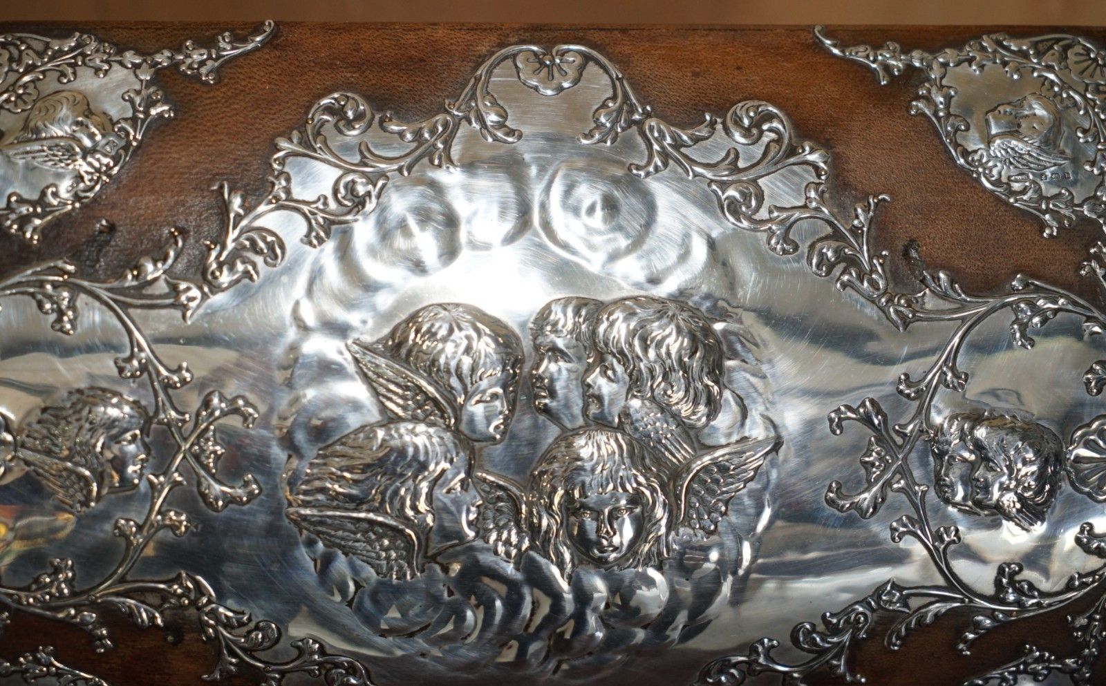 photo furniture 1901 Birmingham Made Matthew John Jessop Sterling Silver Cherub Stationery Box