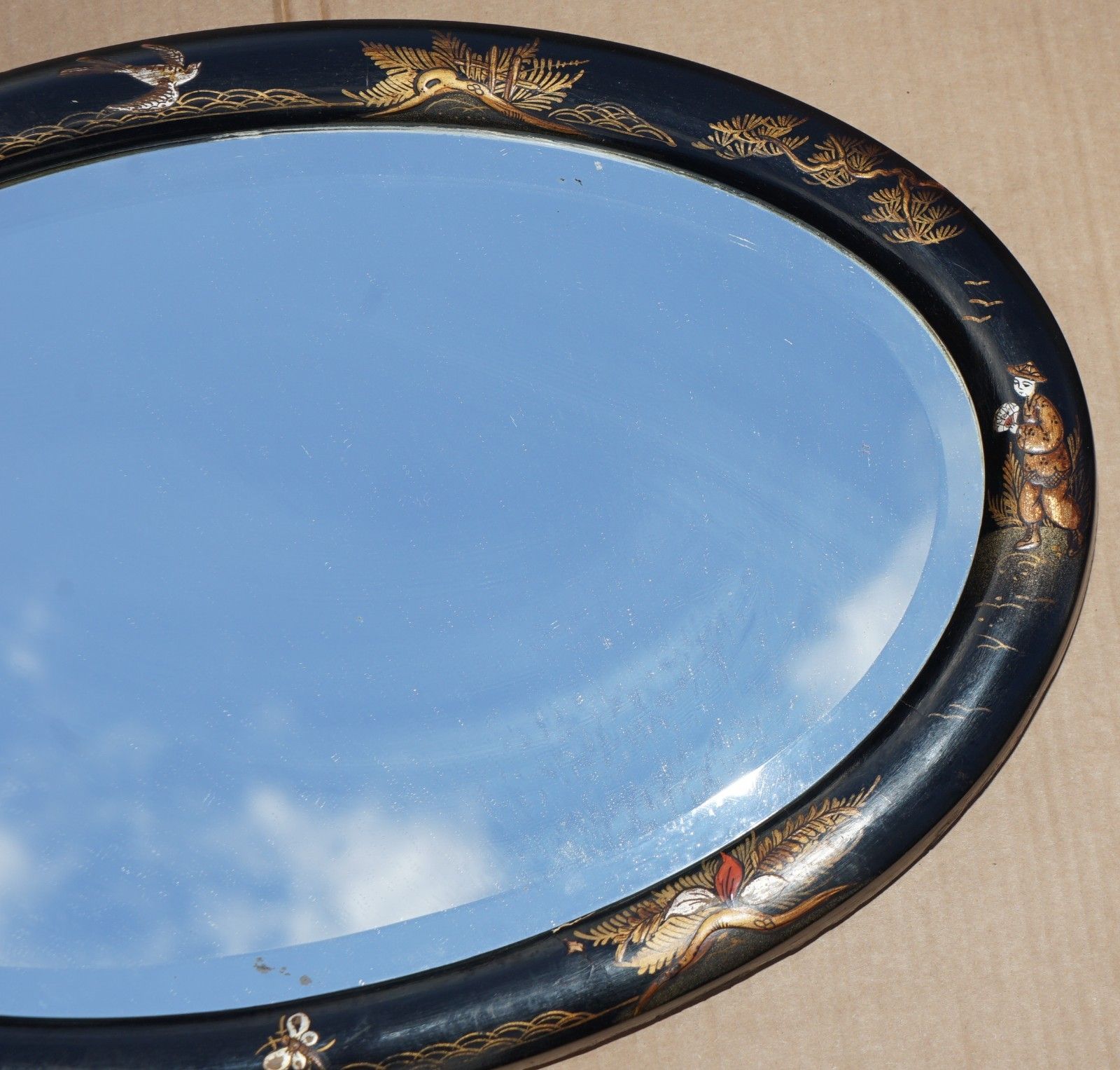 Lovely Antique Chinese Chinoiserie Oval Framed Mirror With Ornate Hand Paintings photo for sale
