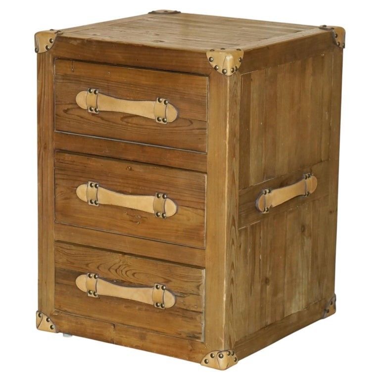 Recliamed Wood & Brown Leather Three Drawer Side End Nightstand Side End Table