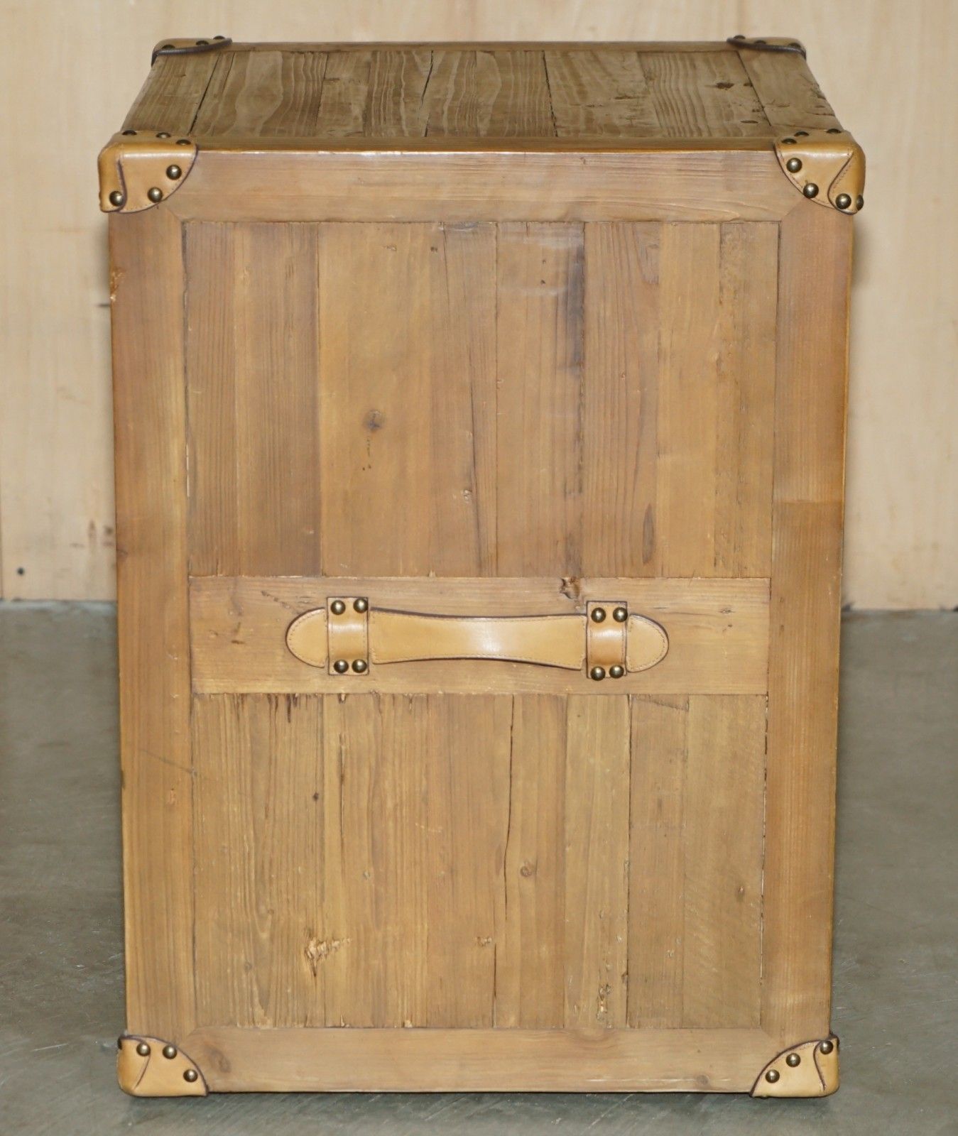 Recliamed Wood & Brown Leather Three Drawer Side End Nightstand Side End Table photo vinterior