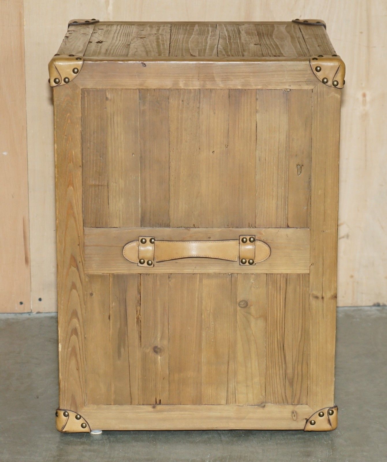 photo furniture Recliamed Wood & Brown Leather Three Drawer Side End Nightstand Side End Table