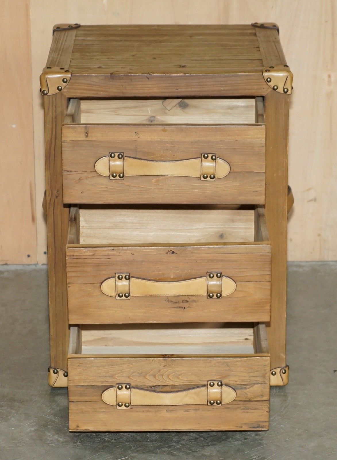 Furniture Recliamed Wood & Brown Leather Three Drawer Side End Nightstand Side End Table photo