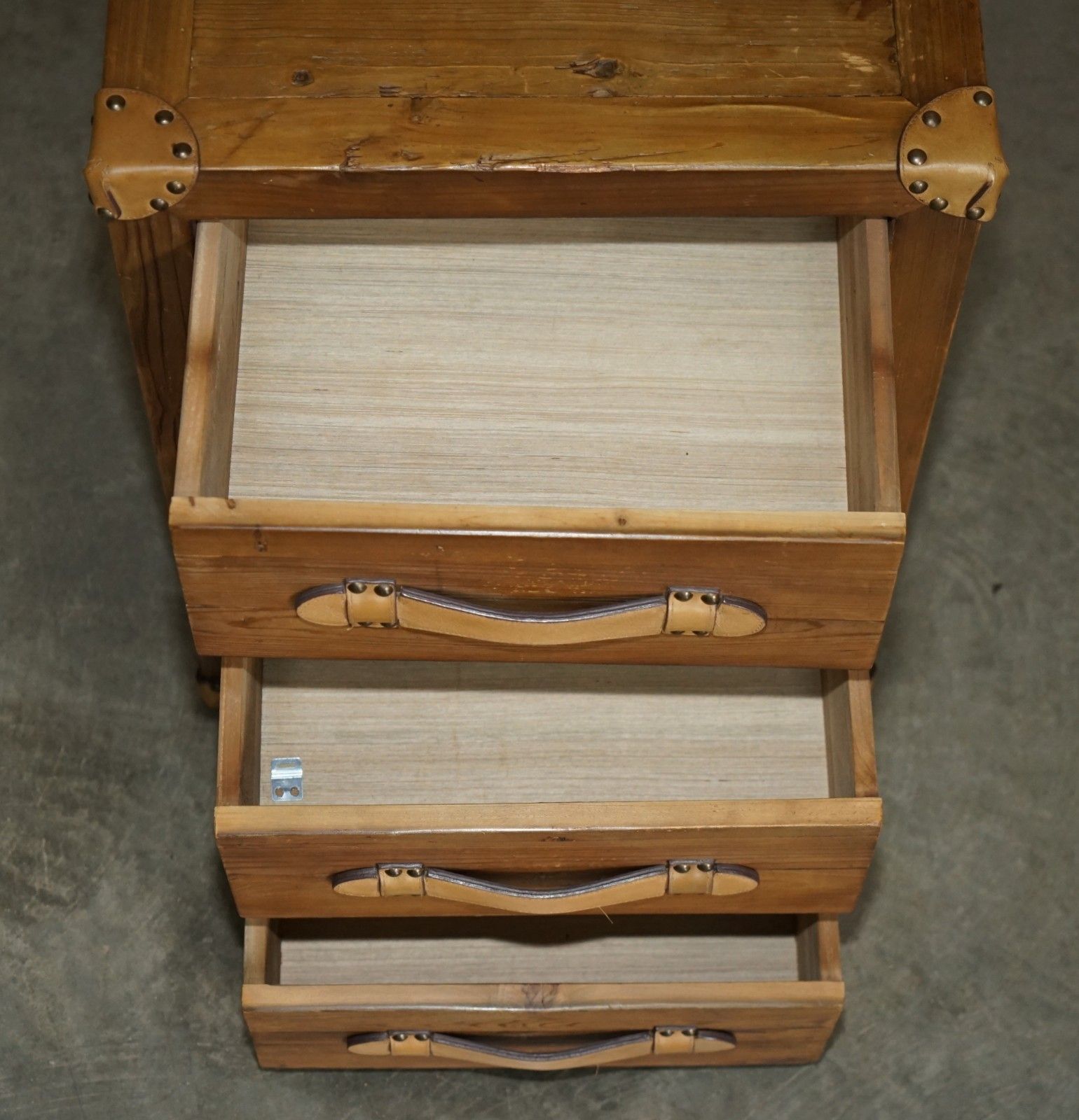 395.0 Recliamed Wood & Brown Leather Three Drawer Side End Nightstand Side End Table photo