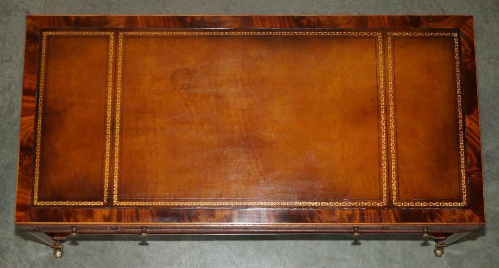 Exquisite Hand Dyed Brown Leather Sheraton Inlaid Flamed Mahogany Coffee Table photo Furniture