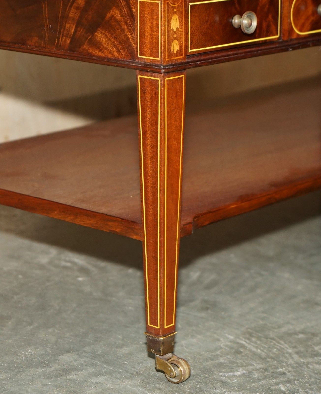 Furniture Exquisite Hand Dyed Brown Leather Sheraton Inlaid Flamed Mahogany Coffee Table photo