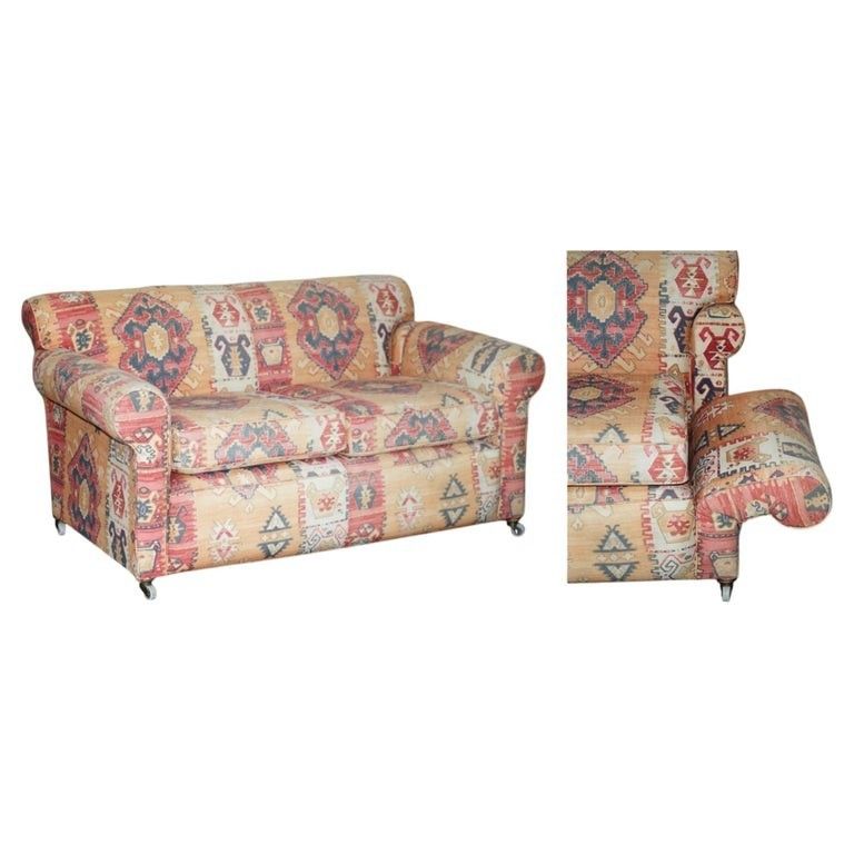 Exquisite Original Edwardian Kilim Upholstered Sofa Chaise Lounge With Drop Arm