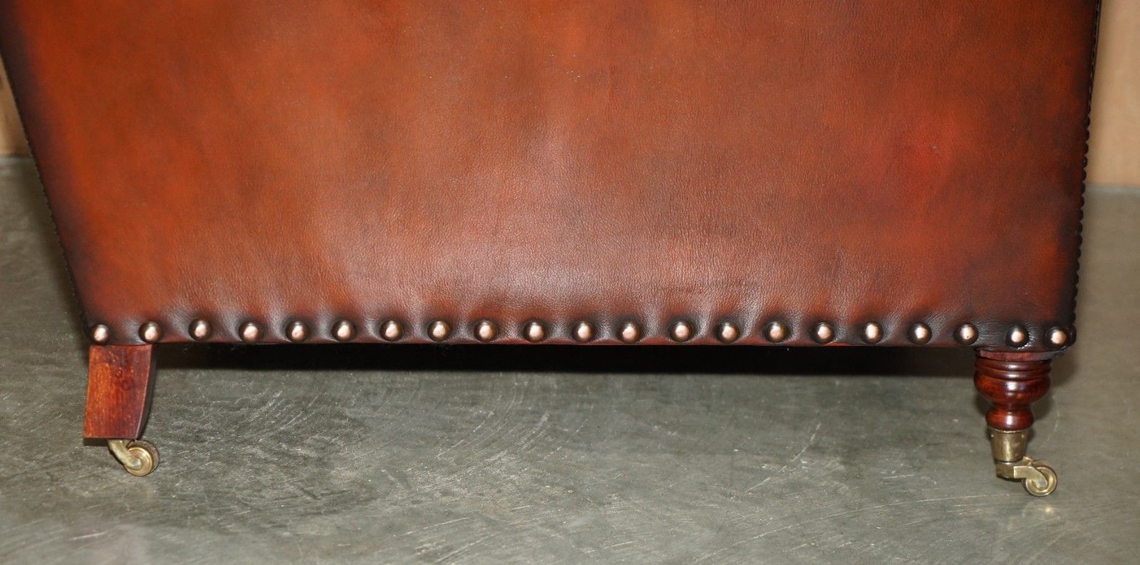 2850.0 Fully Restored Victorian Style Brown Leather Armchair With English Brass Castors photo
