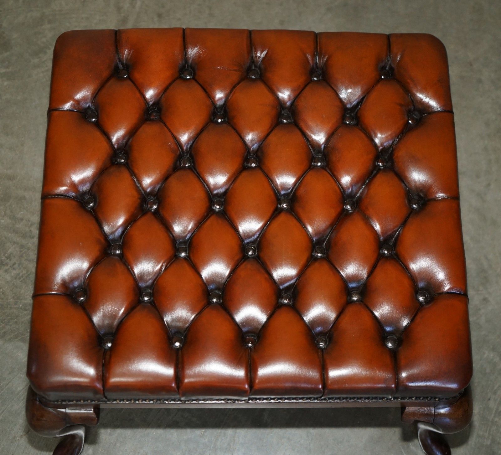 Restored Antique Victorian Mahogany Brown Leather Chesterfield Tufted Footstool photo vintage