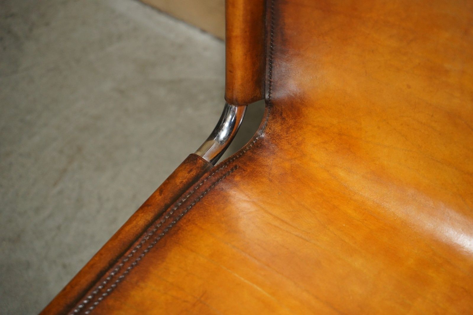 photo furniture Four Restored Acerbis Jot Giotto Stoppino Brown Leather Chrome Dining Chairs