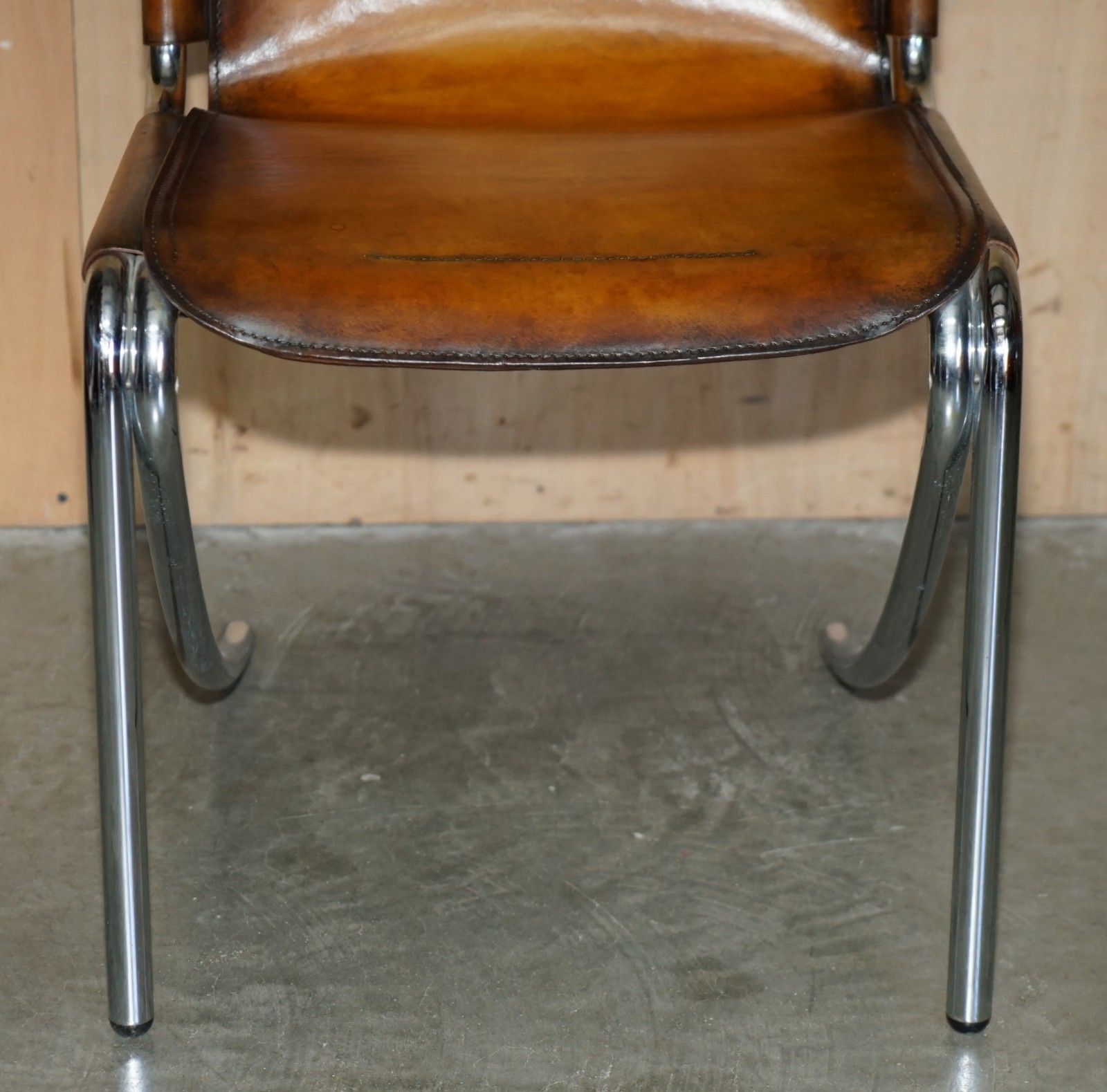 photo for sale Four Restored Acerbis Jot Giotto Stoppino Brown Leather Chrome Dining Chairs