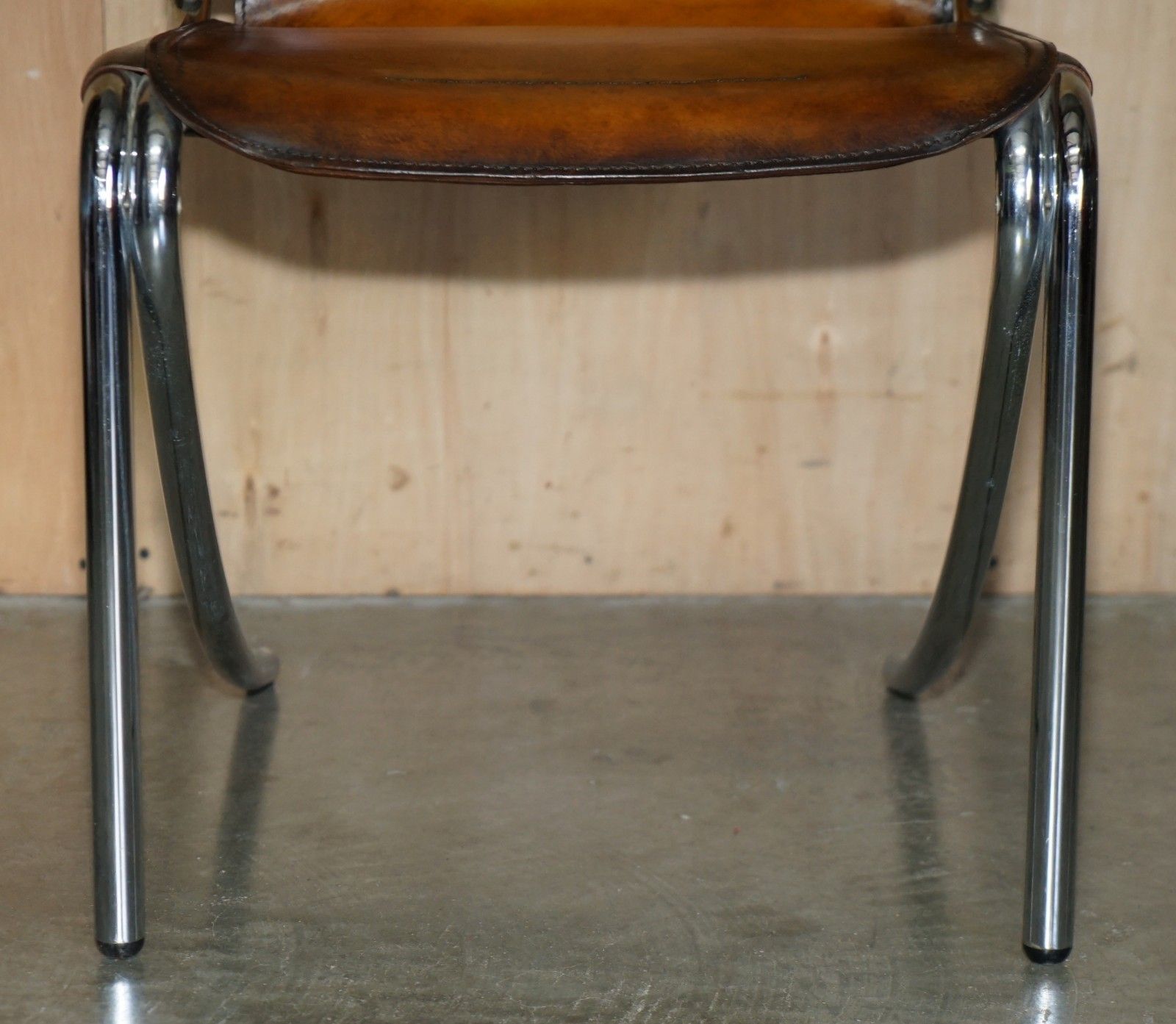 Furniture Four Restored Acerbis Jot Giotto Stoppino Brown Leather Chrome Dining Chairs photo