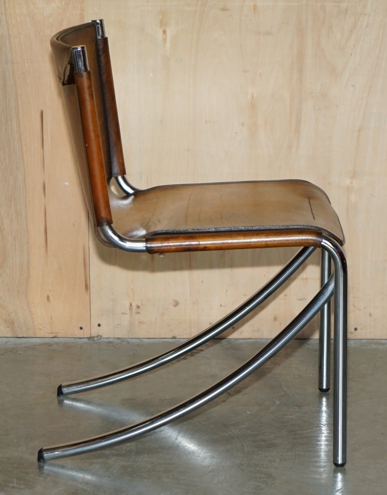 6995.0 Four Restored Acerbis Jot Giotto Stoppino Brown Leather Chrome Dining Chairs photo