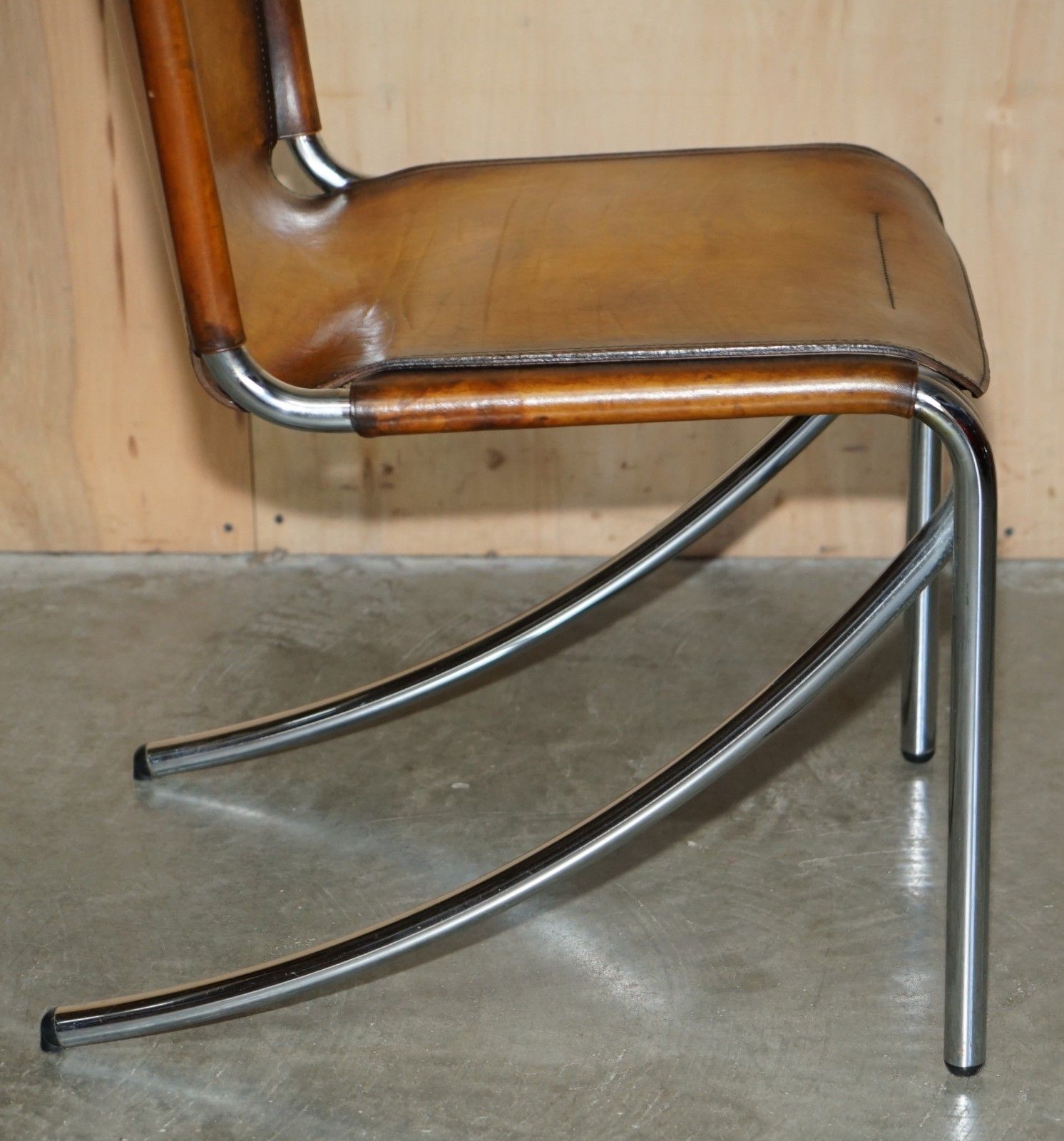 photo vinterior Four Restored Acerbis Jot Giotto Stoppino Brown Leather Chrome Dining Chairs