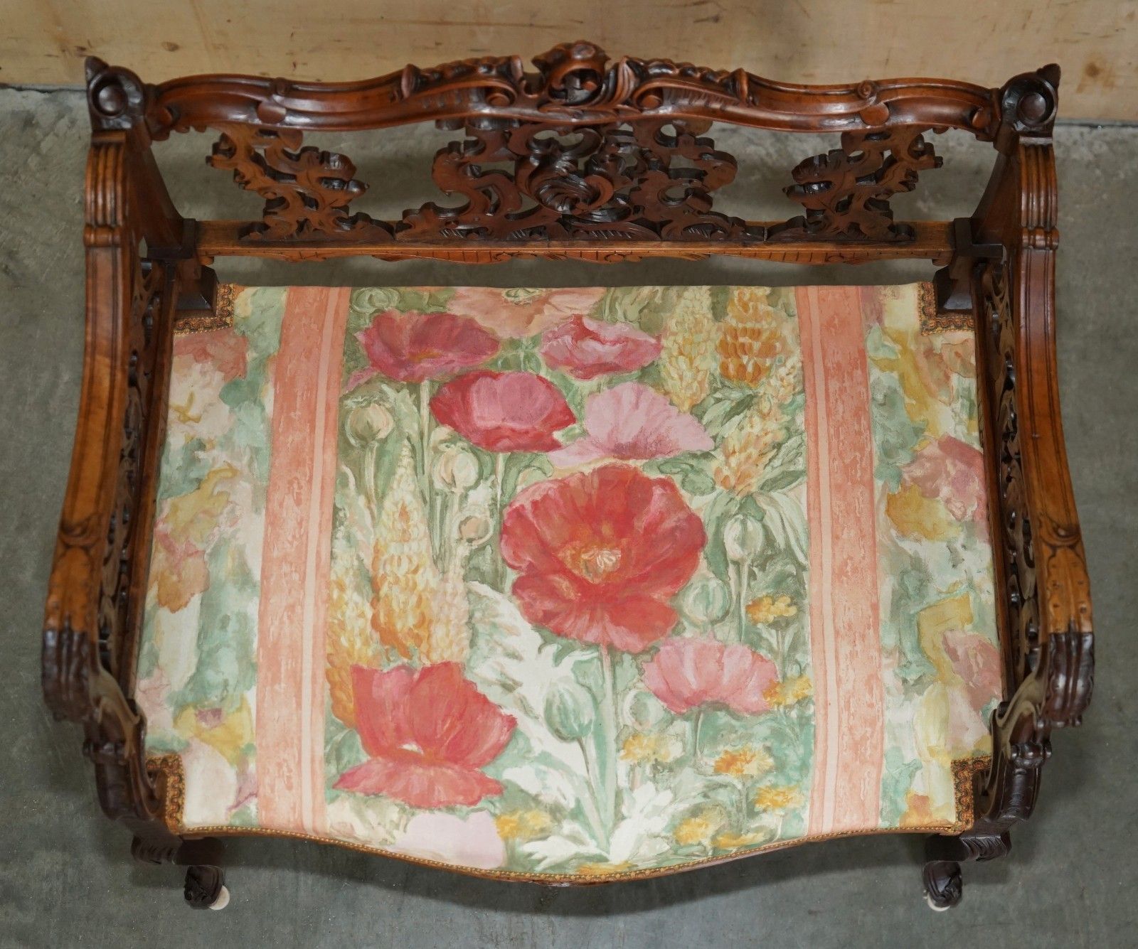 Antique 19th Century Hand Carved Walnut French Canape Armchair Floral Upholstery photo vintage