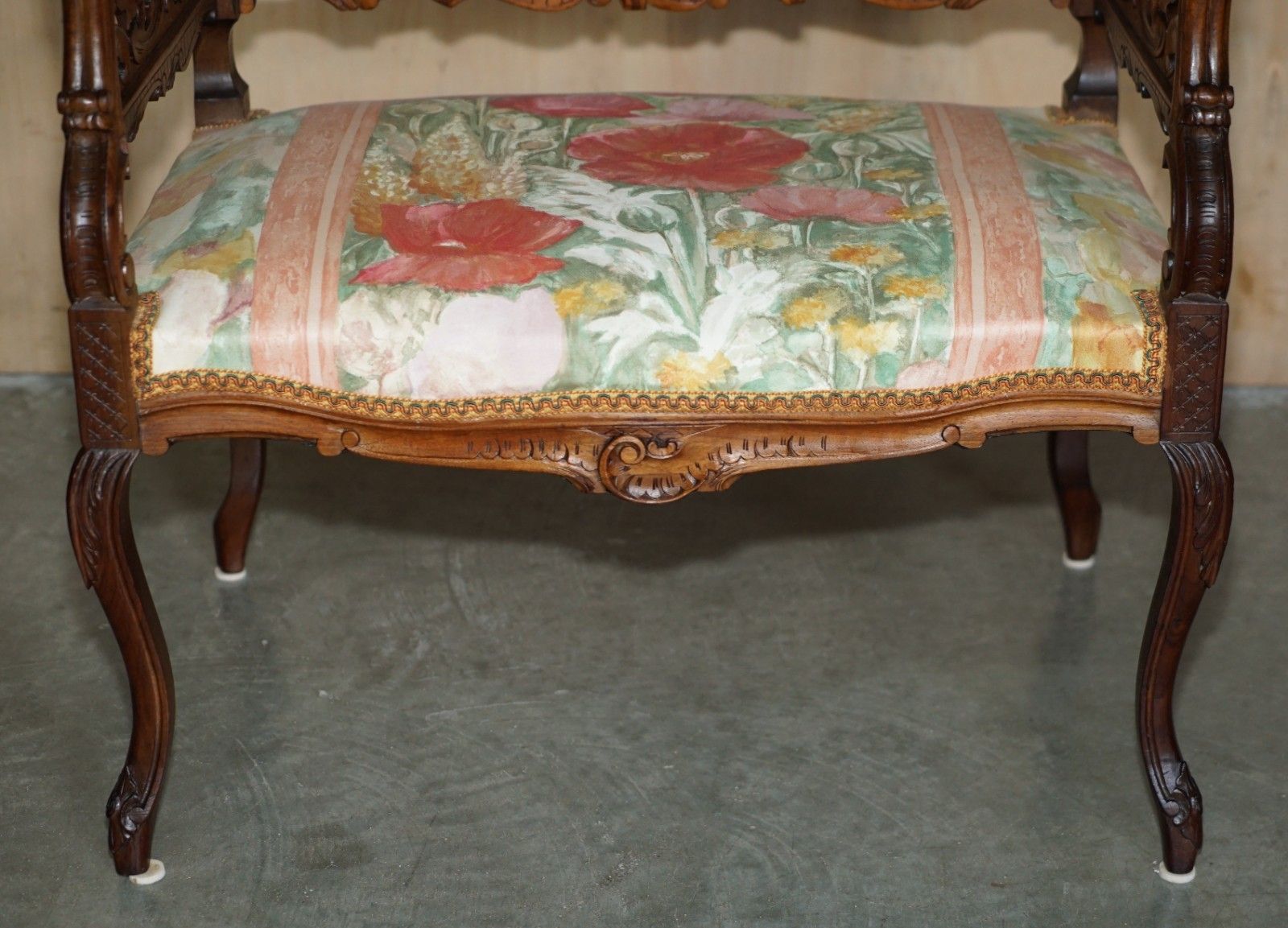 Furniture Antique 19th Century Hand Carved Walnut French Canape Armchair Floral Upholstery photo